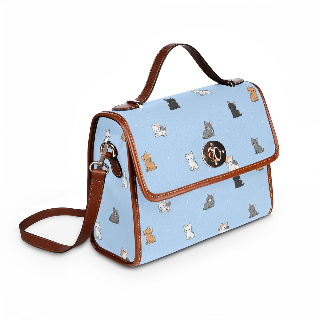 Cute Cat Pattern Waterproof Canvas Bag | Light Blue Cat Print Handbag