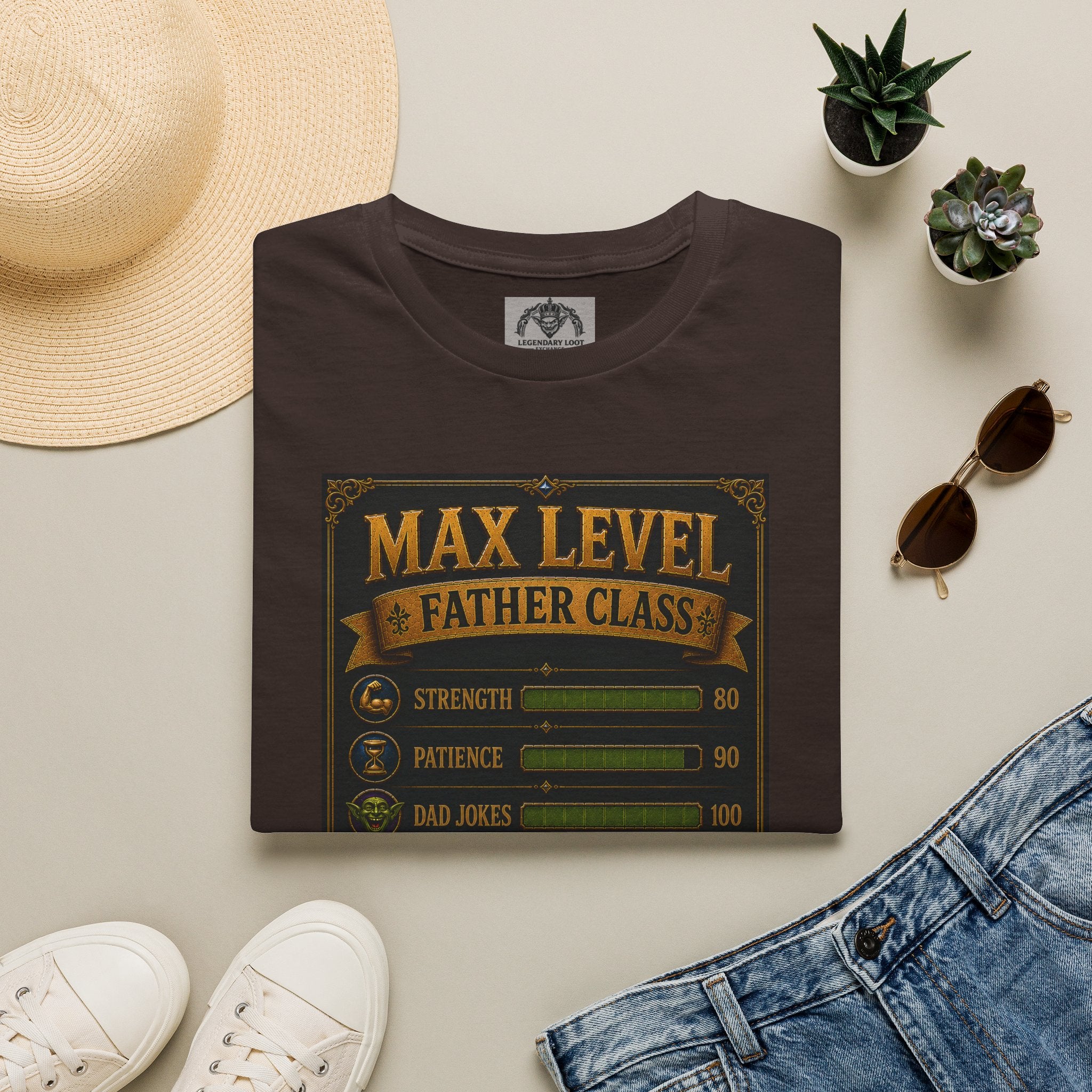 T-Shirt — "Max Level Father Class" Funny Gamer Dad Shirt (Strength, Patience, Dad Jokes)