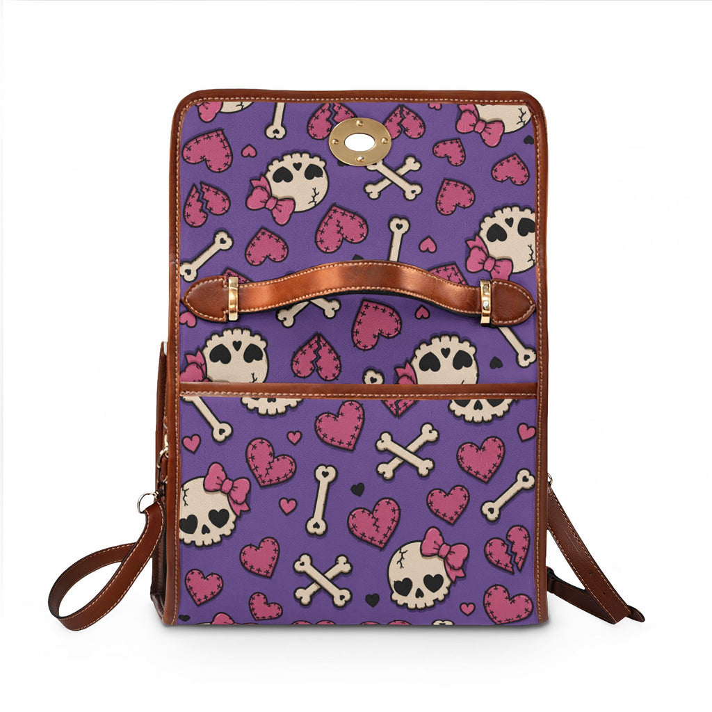 Cute Skull and Hearts Purple Pattern Waterproof Canvas Bag | Skull Crossbones Hearts Tote
