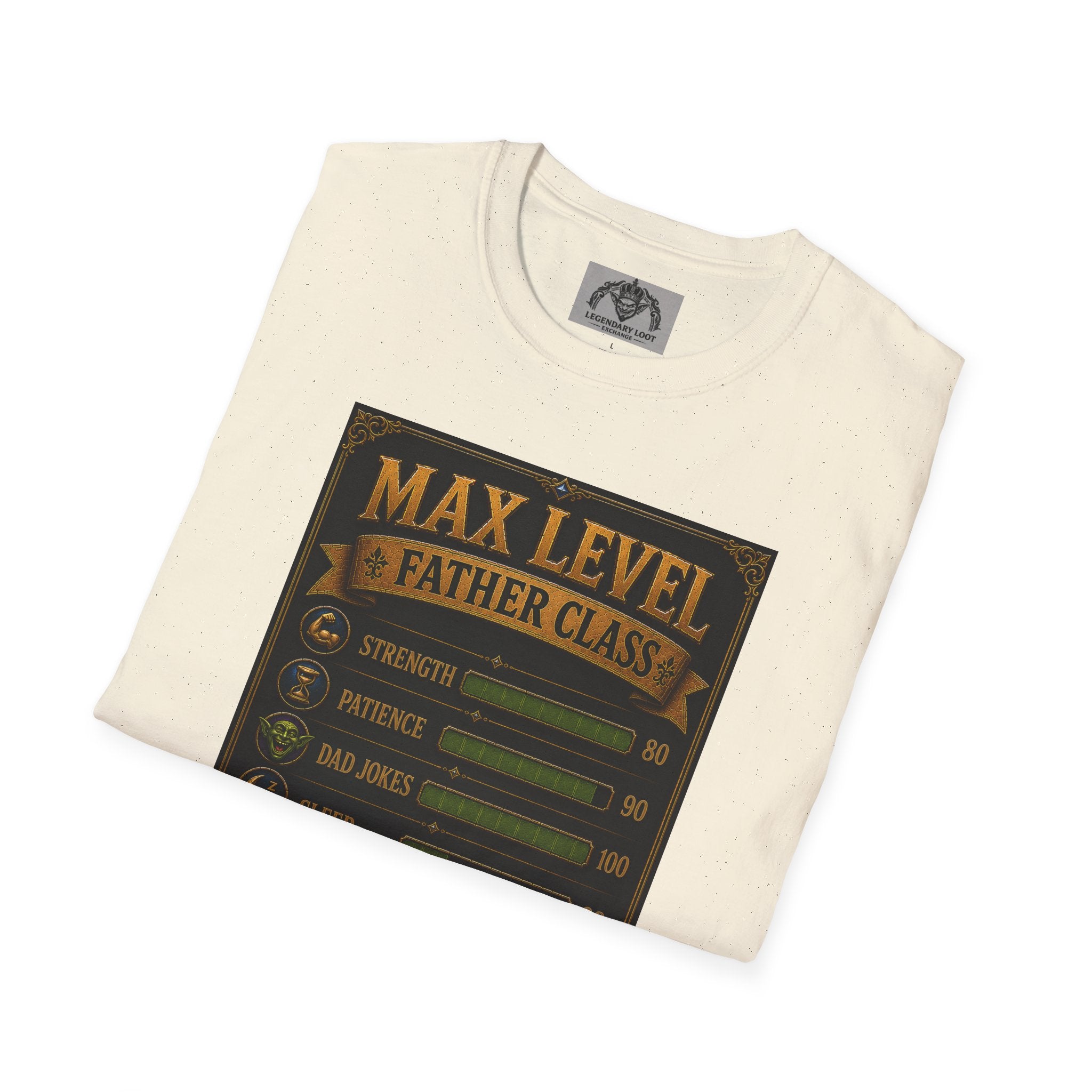 T-Shirt — "Max Level Father Class" Funny Gamer Dad Shirt (Strength, Patience, Dad Jokes)