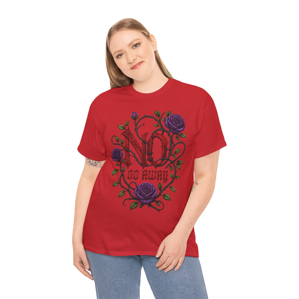 No Go Away T-Shirt | Gothic Purple Roses, Dark Floral Typography