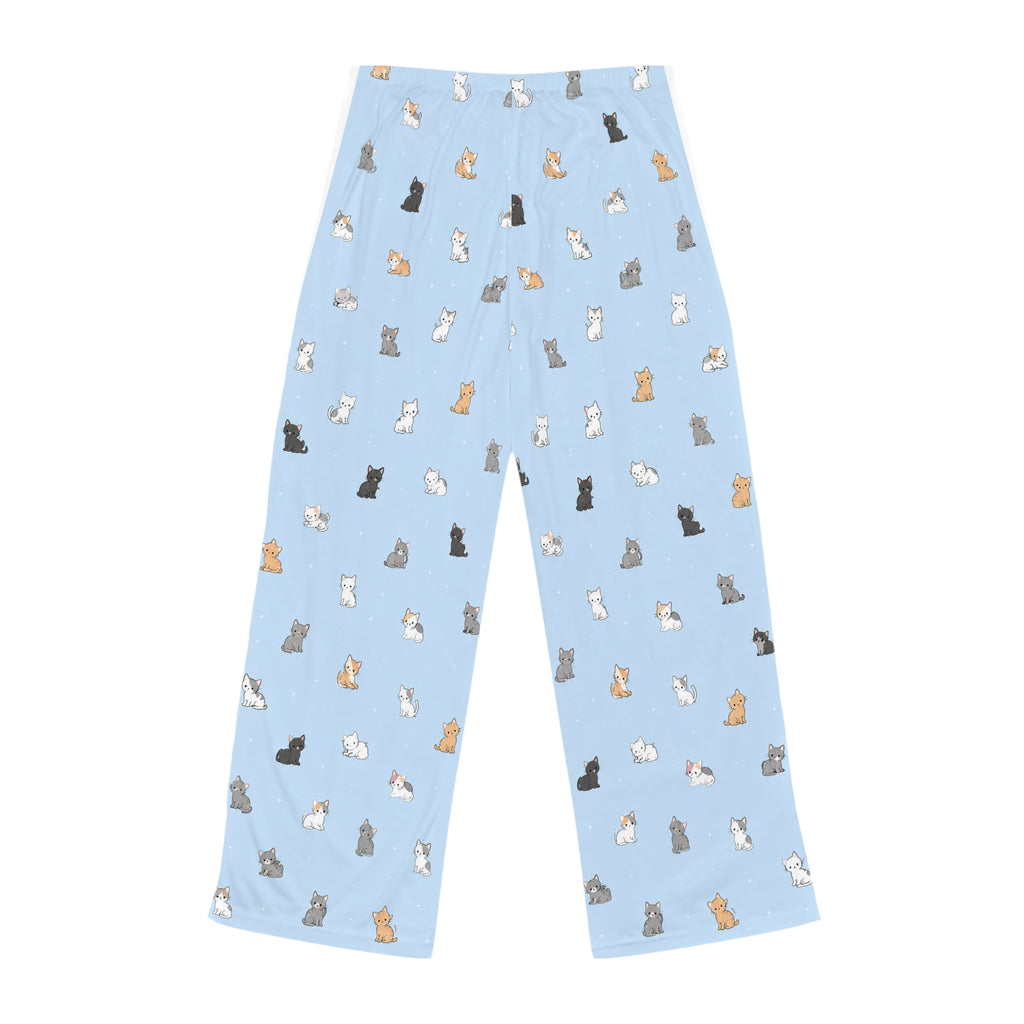 Cat Print Women's Pajama Pants – Light Blue All-Over Cute Kitten Lounge Pants