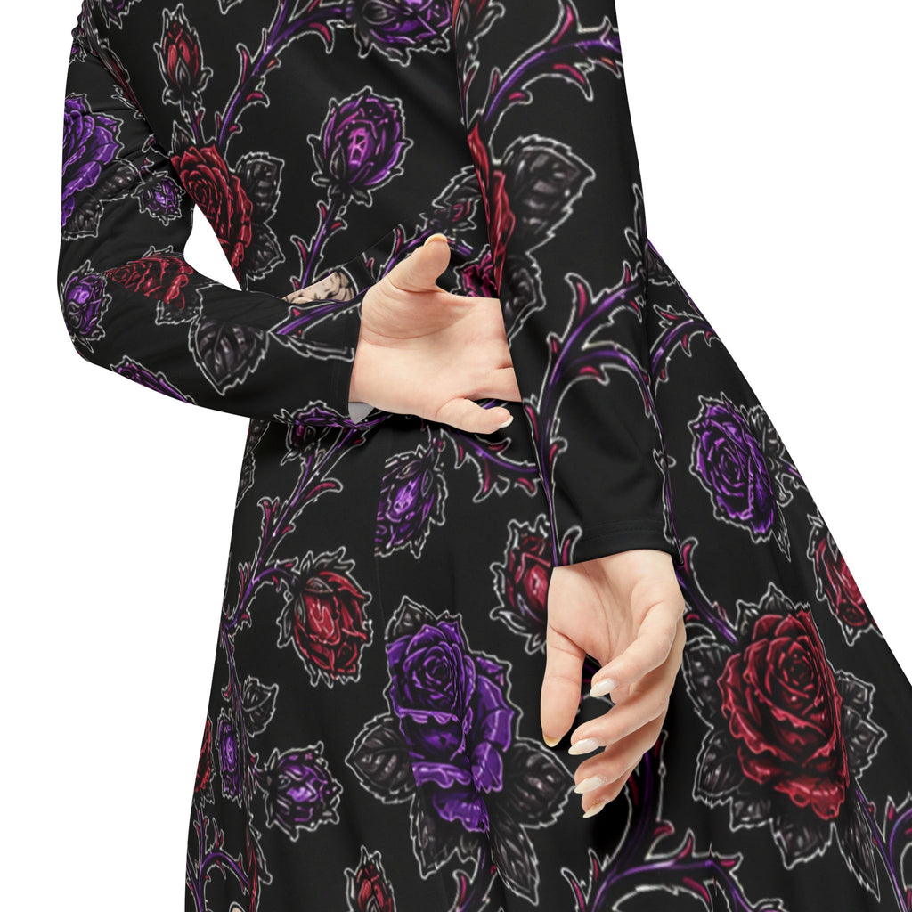 Gothic Skull & Roses Dress | Long Sleeve Floral Skull Pattern