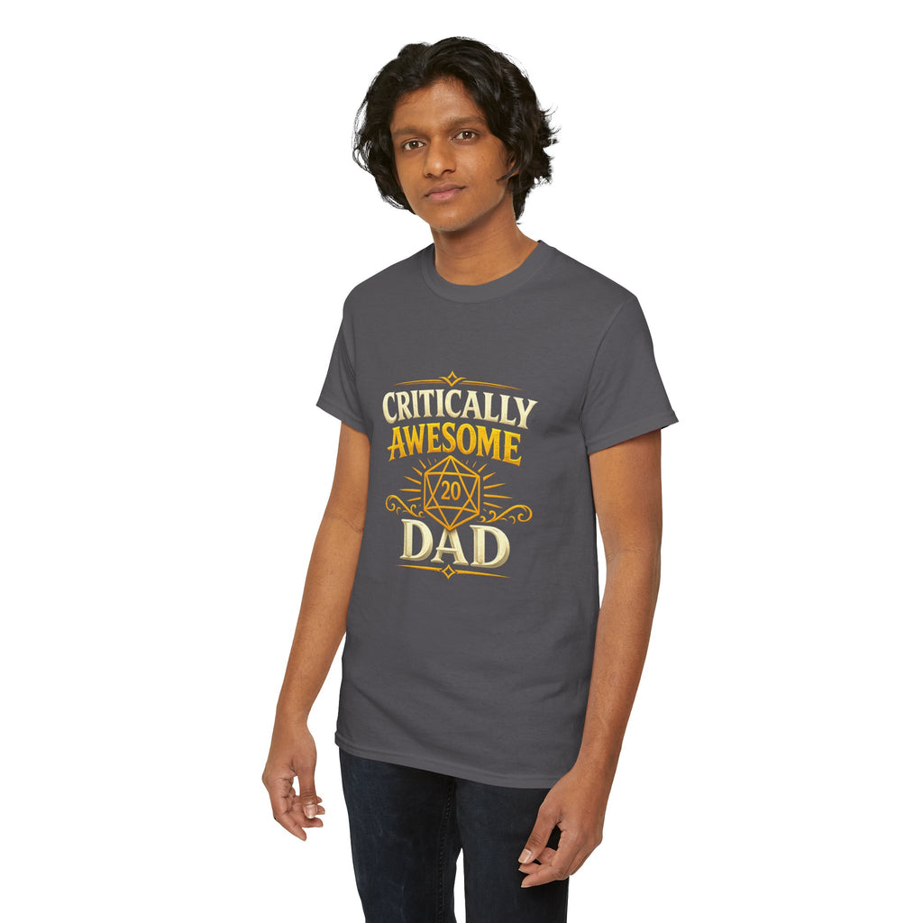 Critically Awesome Dad T‑Shirt – Gold D20 Gaming Father Tee (Father’s Day, Gamer Dad Gift)