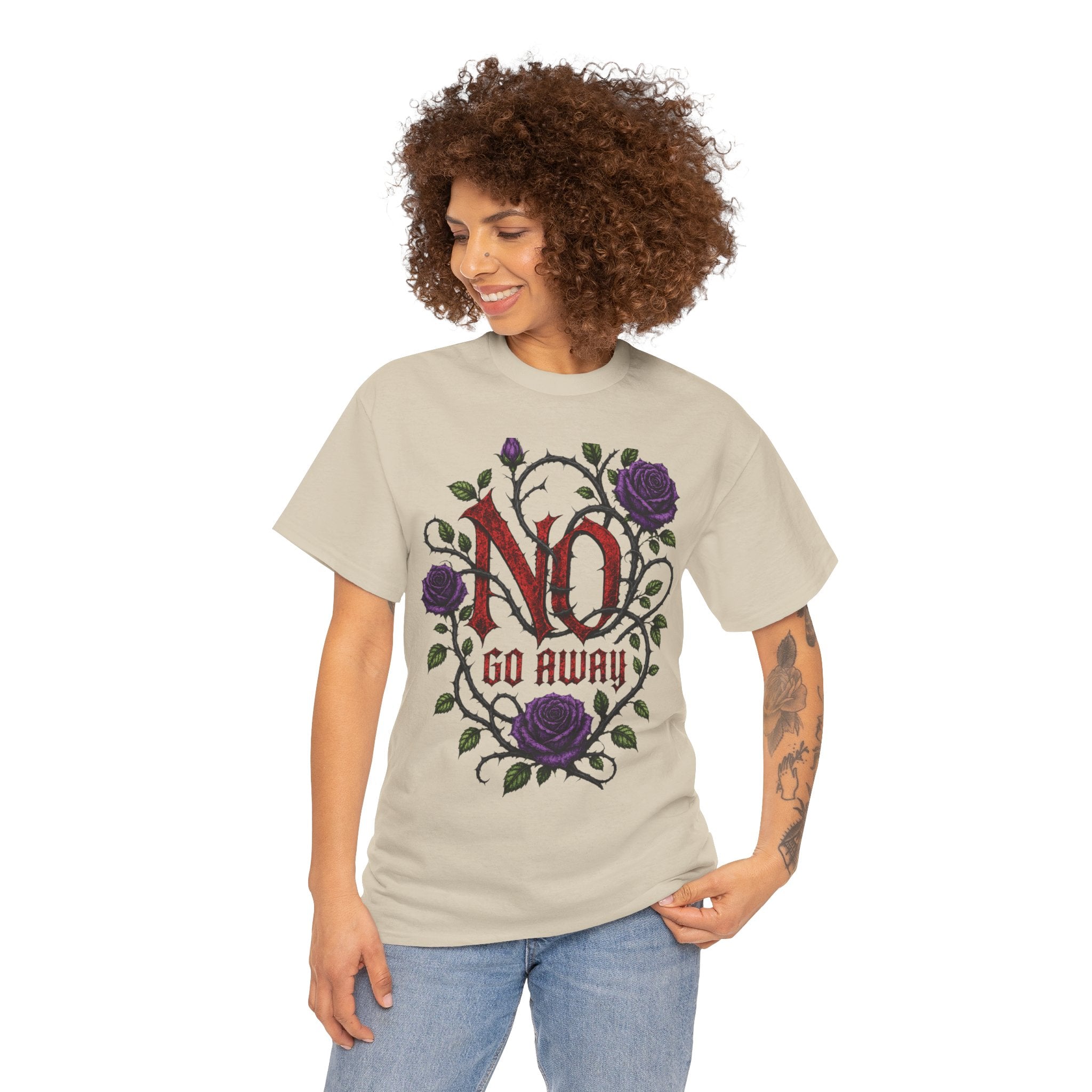 No Go Away T-Shirt | Gothic Purple Roses, Dark Floral Typography