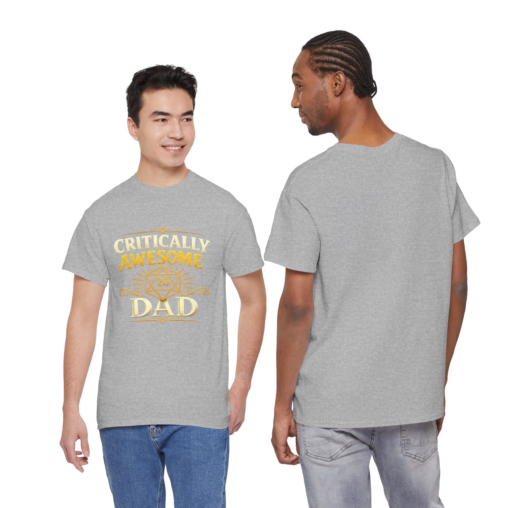 Critically Awesome Dad T‑Shirt – Gold D20 Gaming Father Tee (Father’s Day, Gamer Dad Gift)