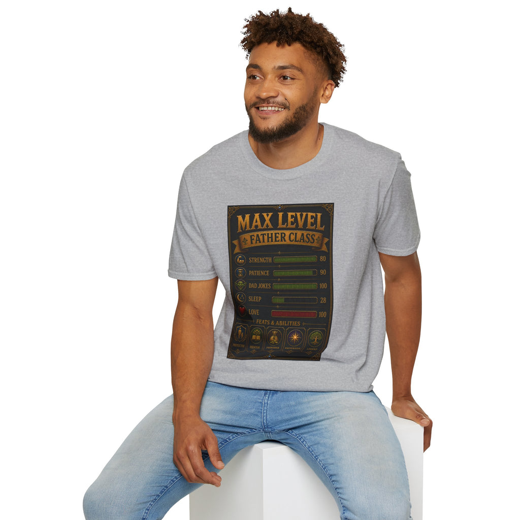 T-Shirt — "Max Level Father Class" Funny Gamer Dad Shirt (Strength, Patience, Dad Jokes)