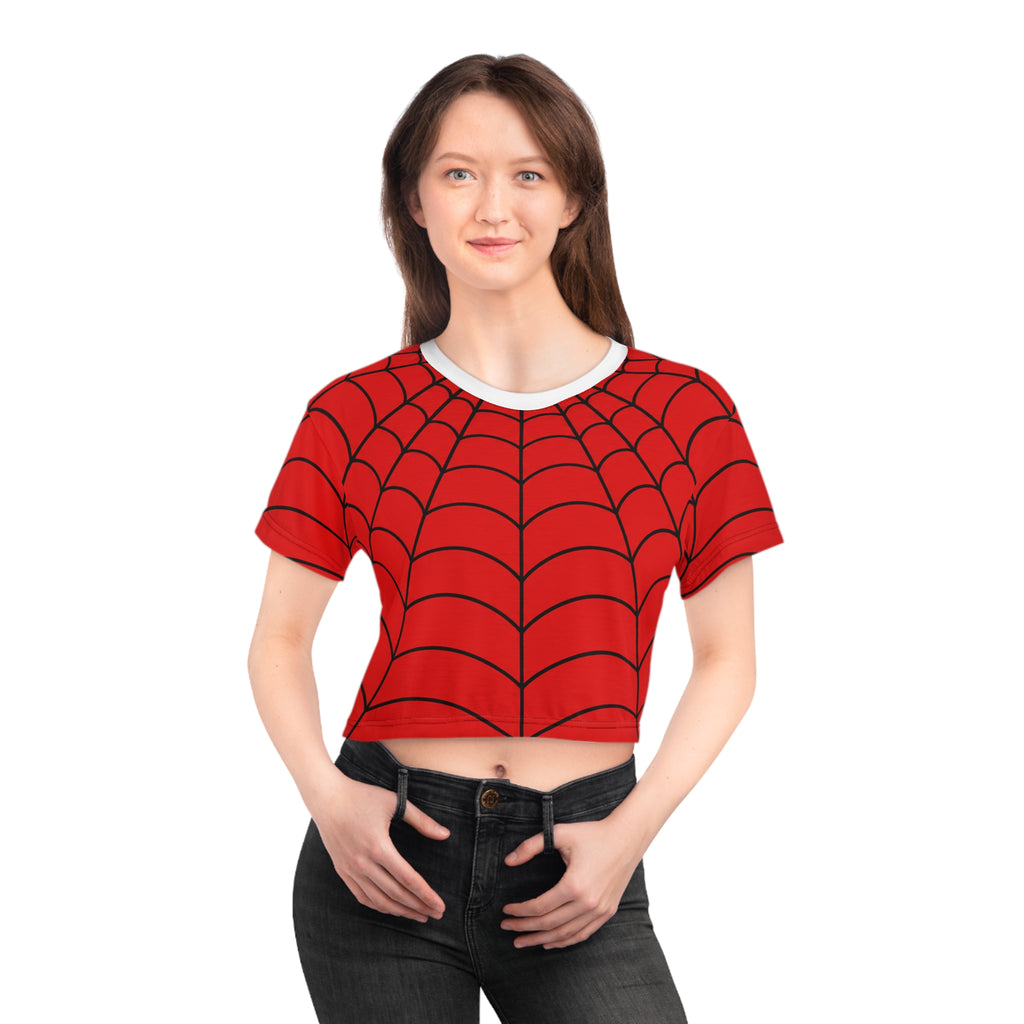 Spider Web Crop Tee - Red All-Over Print Halloween Spiderweb Top