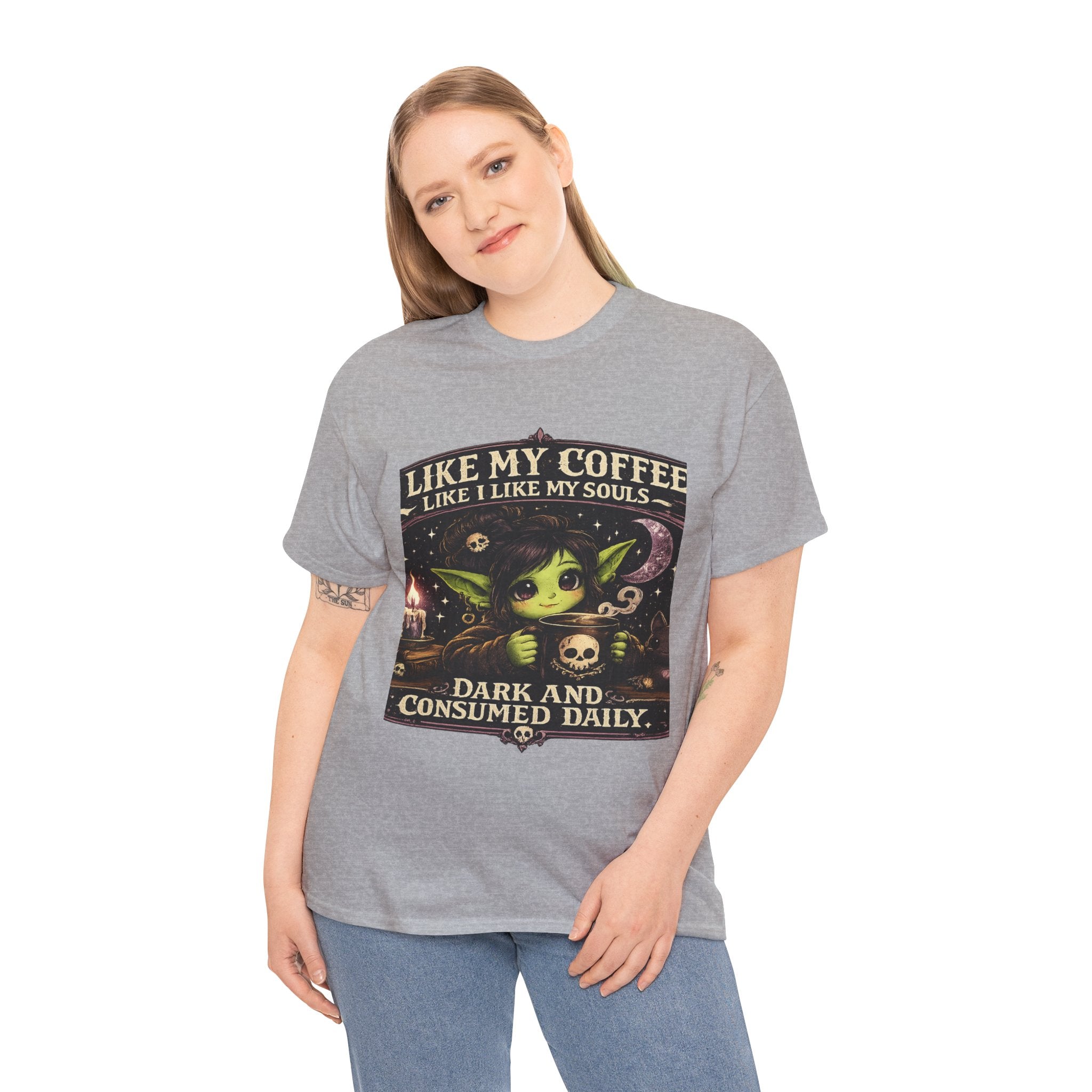 Like My Coffee Tee — "Like My Coffee Like I Like My Souls: Dark and Consumed Daily" Gothic Graphic T-Shirt