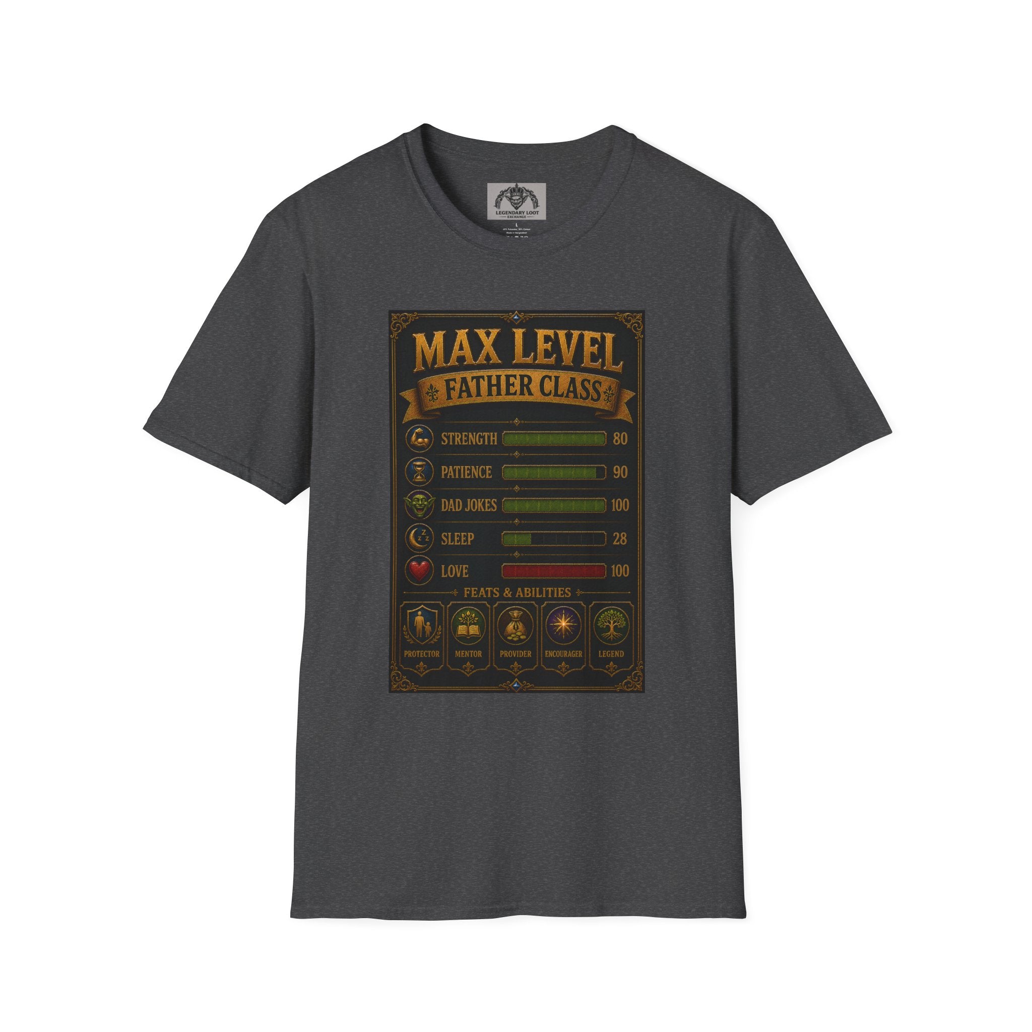 T-Shirt — "Max Level Father Class" Funny Gamer Dad Shirt (Strength, Patience, Dad Jokes)
