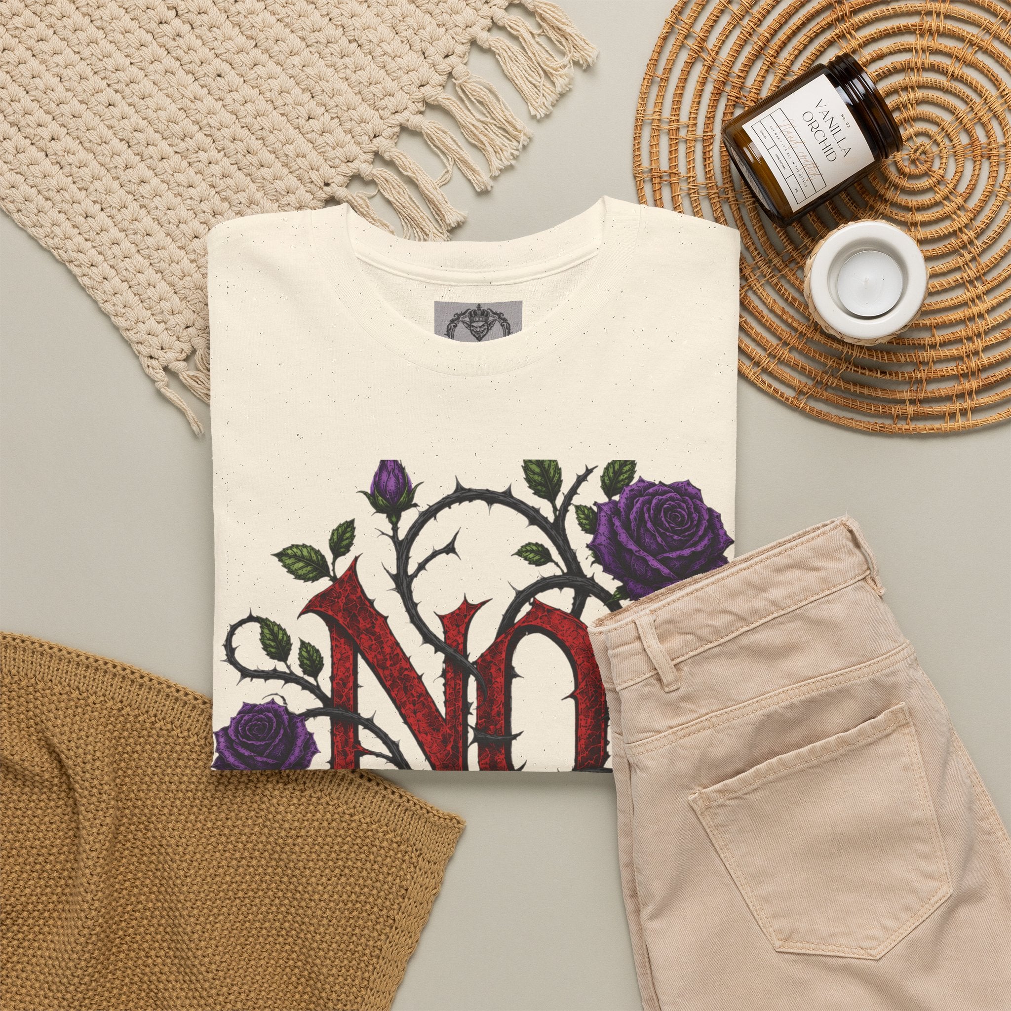 No Go Away T-Shirt | Gothic Purple Roses, Dark Floral Typography