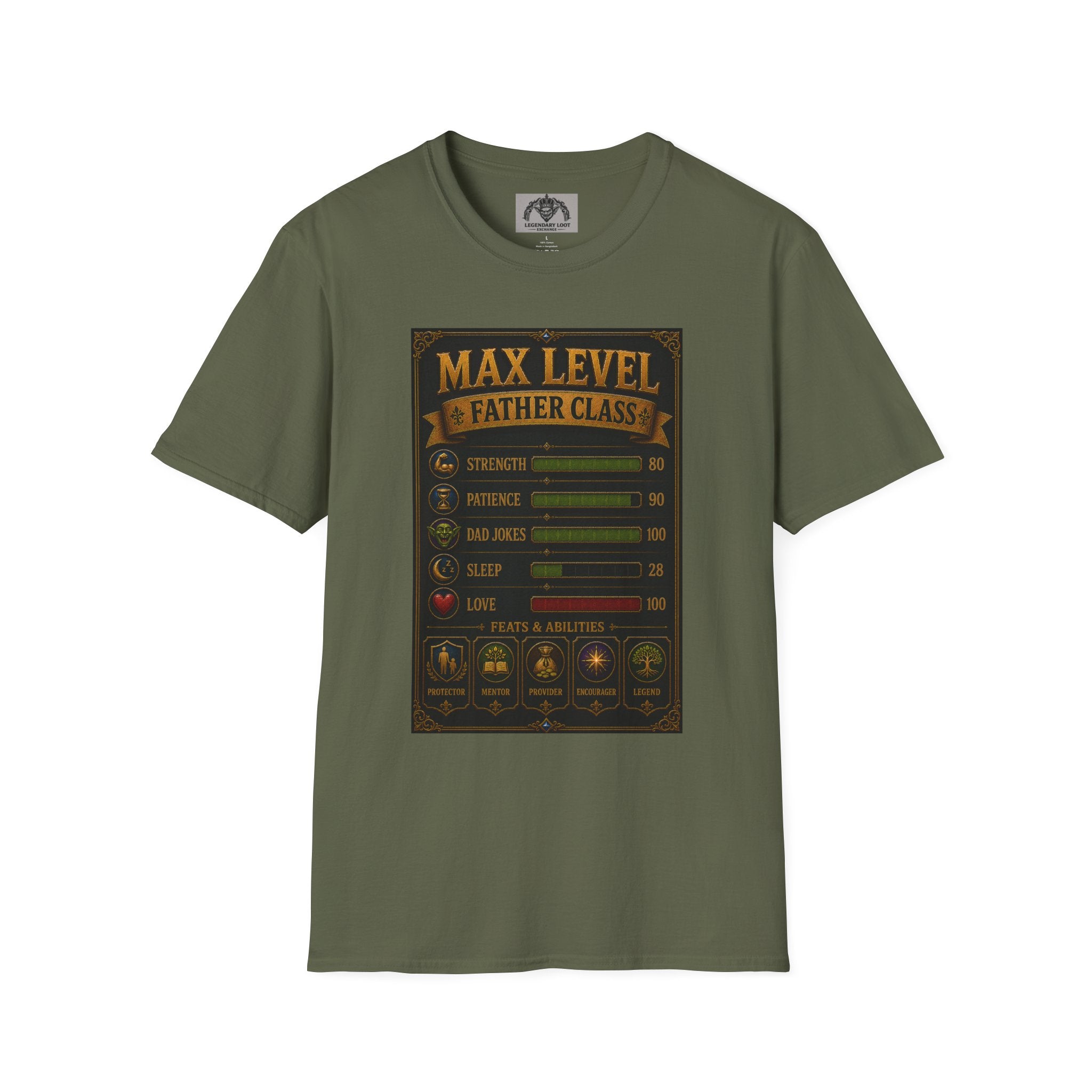 T-Shirt — "Max Level Father Class" Funny Gamer Dad Shirt (Strength, Patience, Dad Jokes)