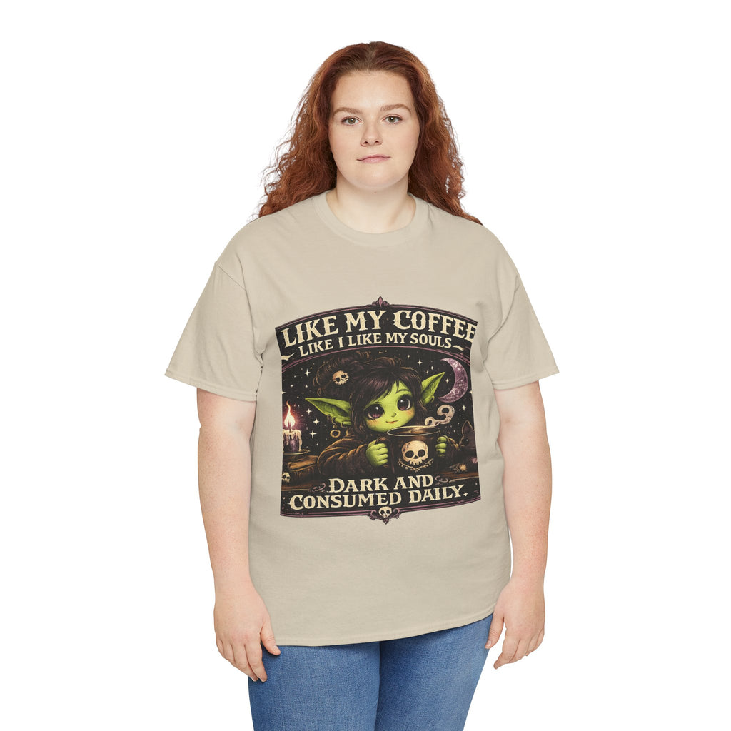Like My Coffee Tee — "Like My Coffee Like I Like My Souls: Dark and Consumed Daily" Gothic Graphic T-Shirt