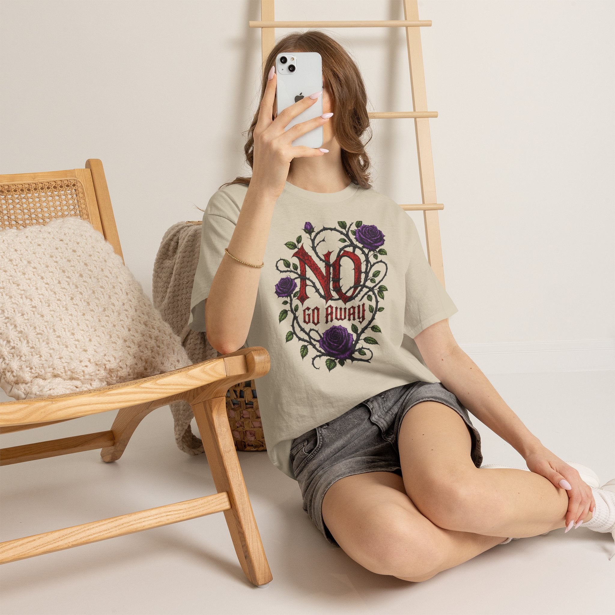 No Go Away T-Shirt | Gothic Purple Roses, Dark Floral Typography