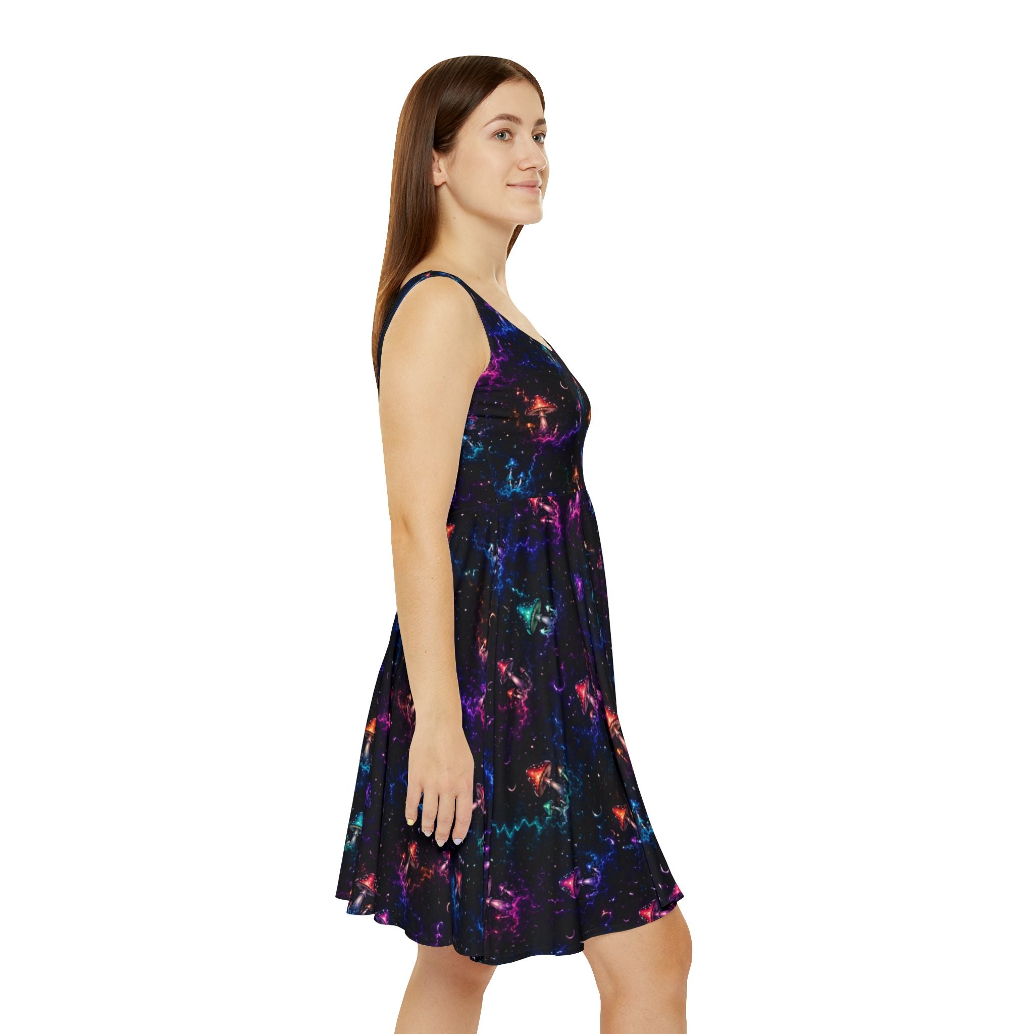 Neon Galaxy Mushroom Pattern Skater Dress | Space Nebula Stars All-Over Print