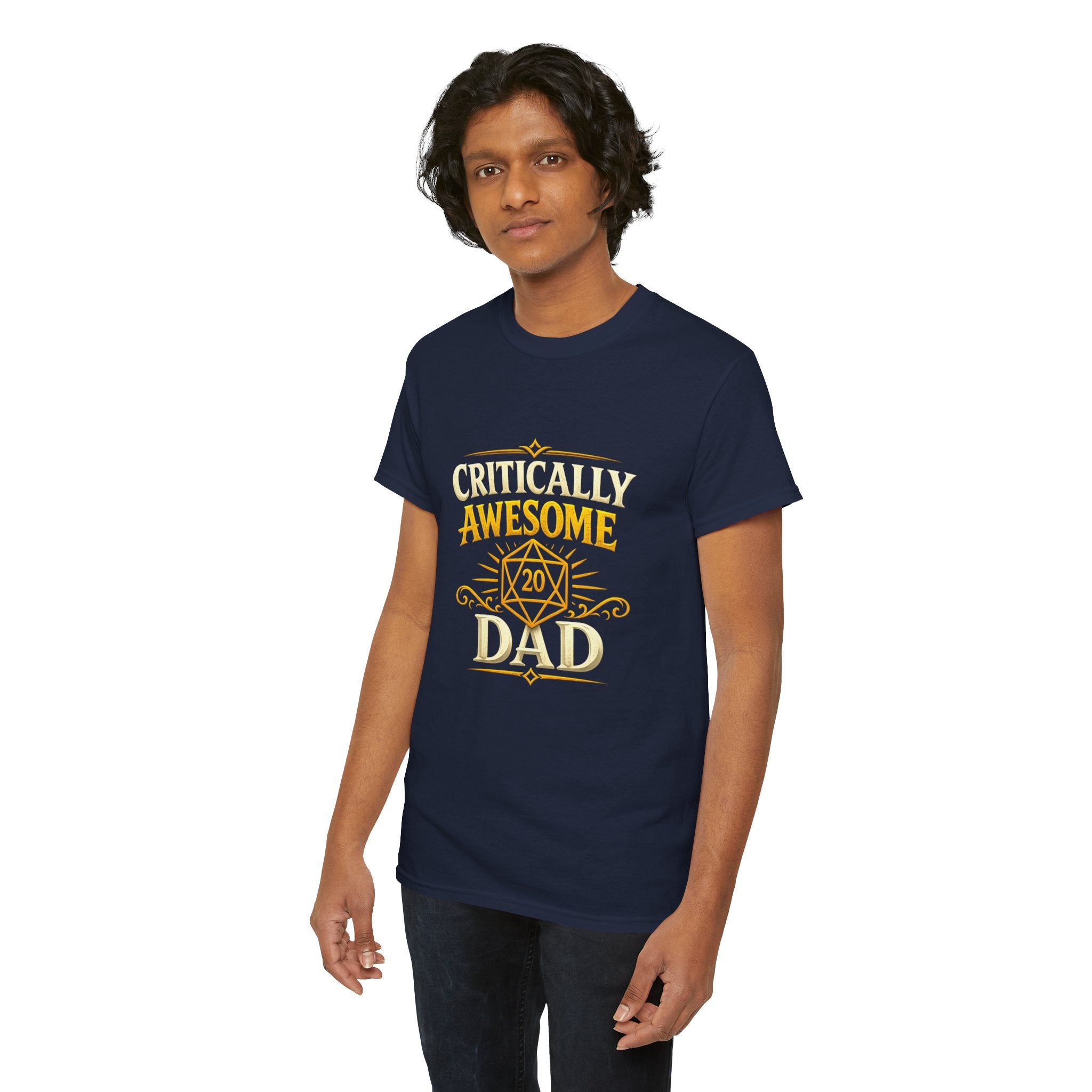 Critically Awesome Dad T‑Shirt – Gold D20 Gaming Father Tee (Father’s Day, Gamer Dad Gift)