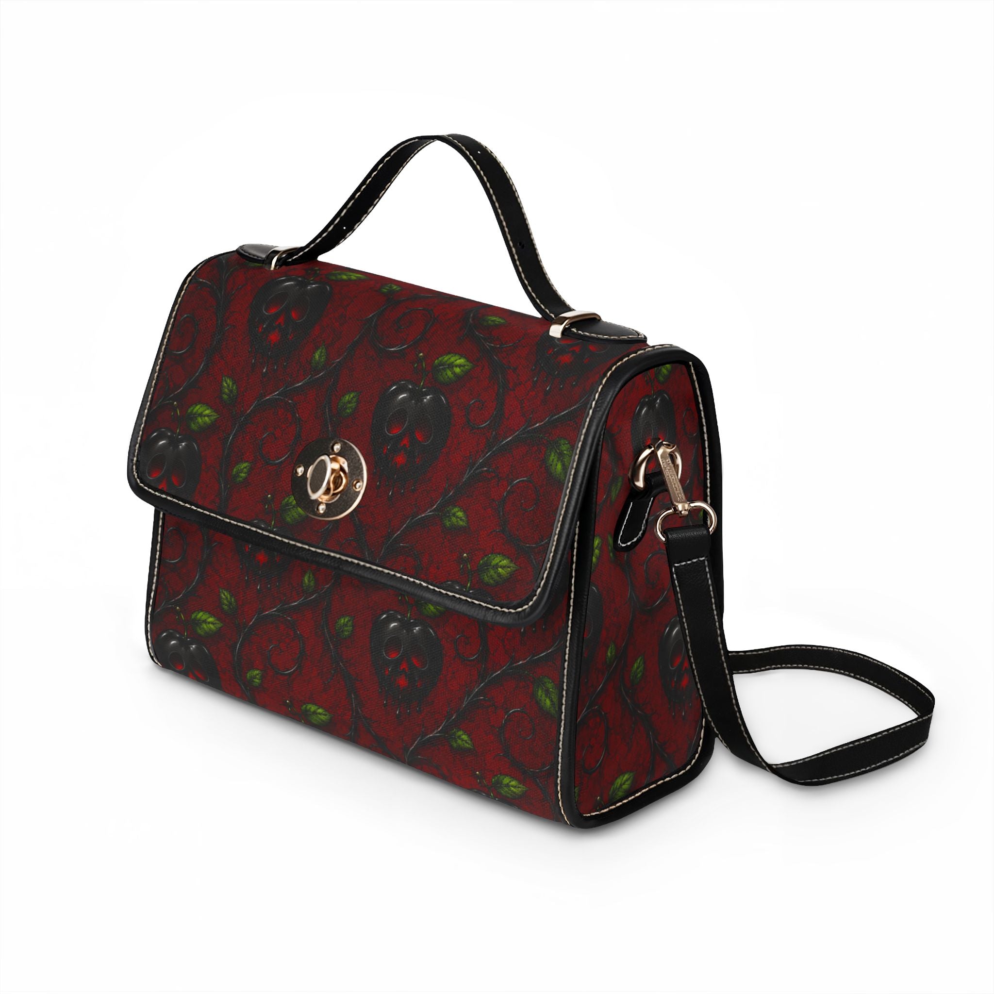 Dark Red Strawberry Vine Waterproof Canvas Bag | Vintage Floral Pattern