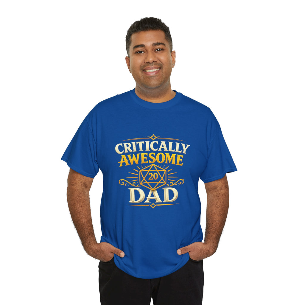 Critically Awesome Dad T‑Shirt – Gold D20 Gaming Father Tee (Father’s Day, Gamer Dad Gift)
