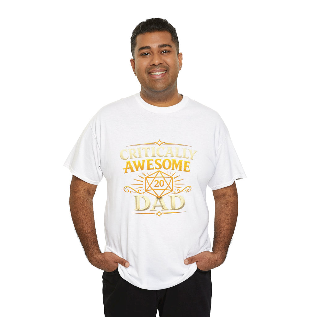 Critically Awesome Dad T‑Shirt – Gold D20 Gaming Father Tee (Father’s Day, Gamer Dad Gift)