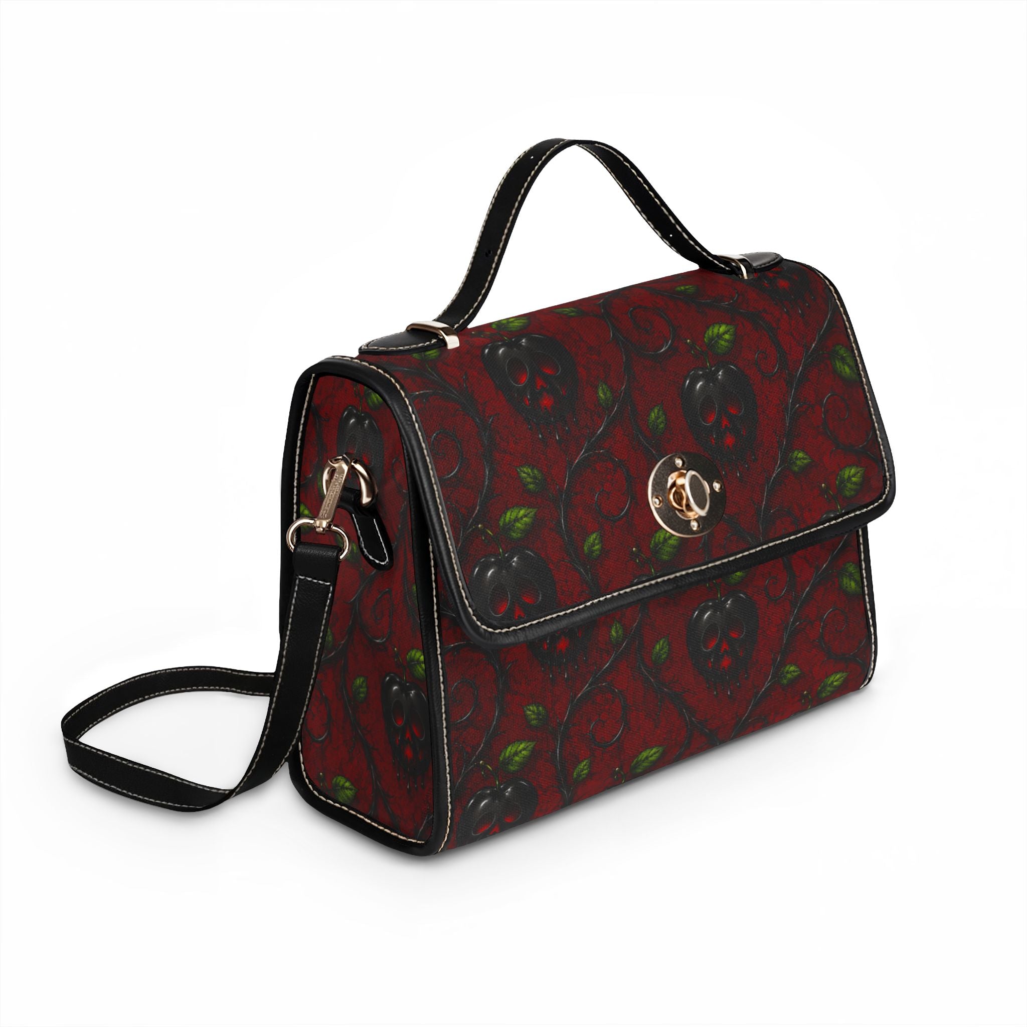 Dark Red Strawberry Vine Waterproof Canvas Bag | Vintage Floral Pattern