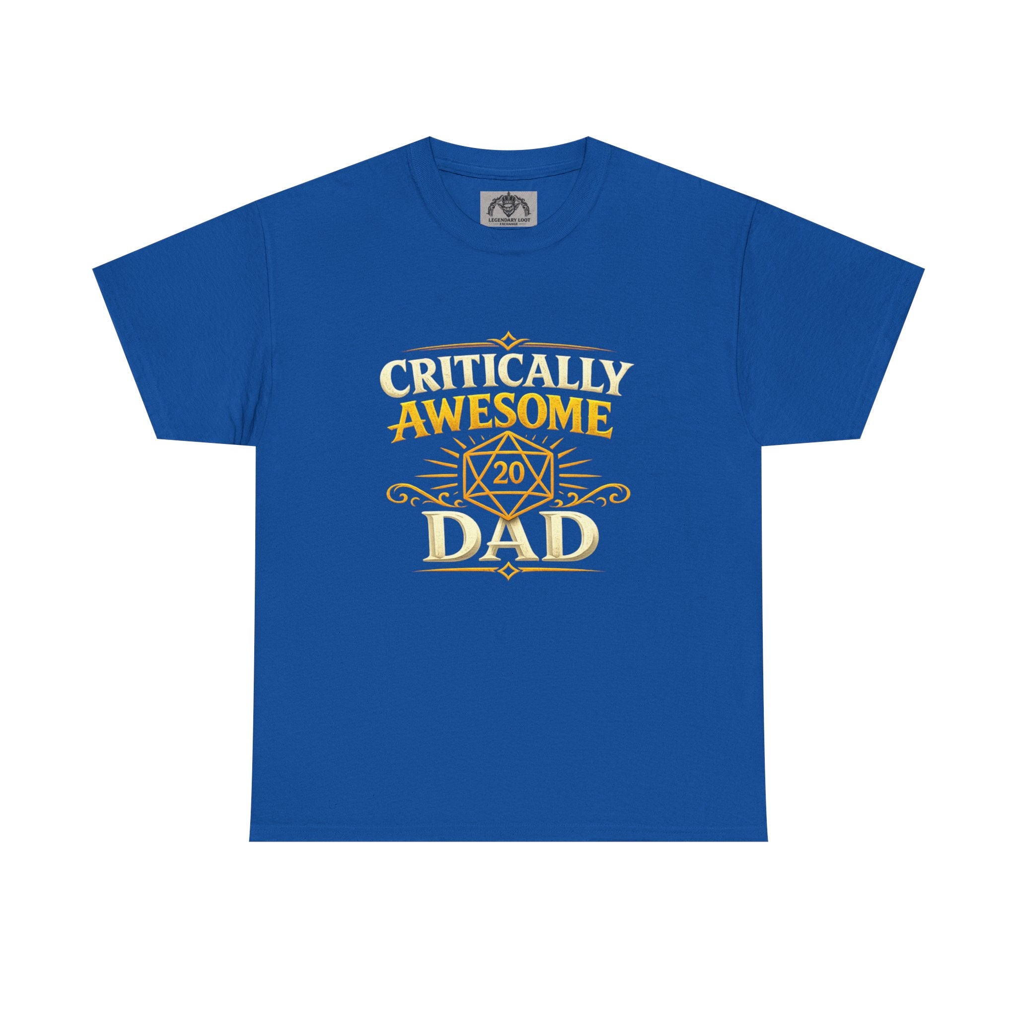Critically Awesome Dad T‑Shirt – Gold D20 Gaming Father Tee (Father’s Day, Gamer Dad Gift)