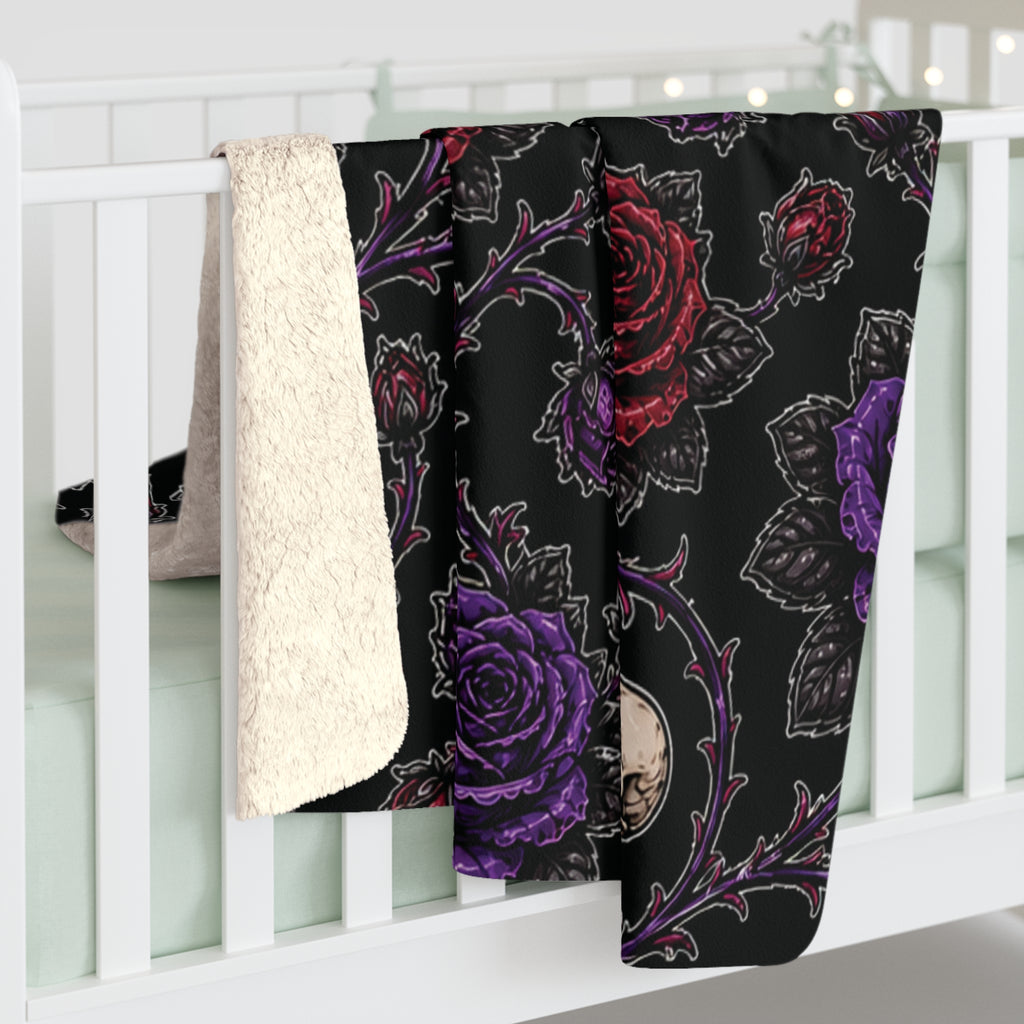 Gothic Skull and Roses Sherpa Blanket | Dark Floral Skull Throw