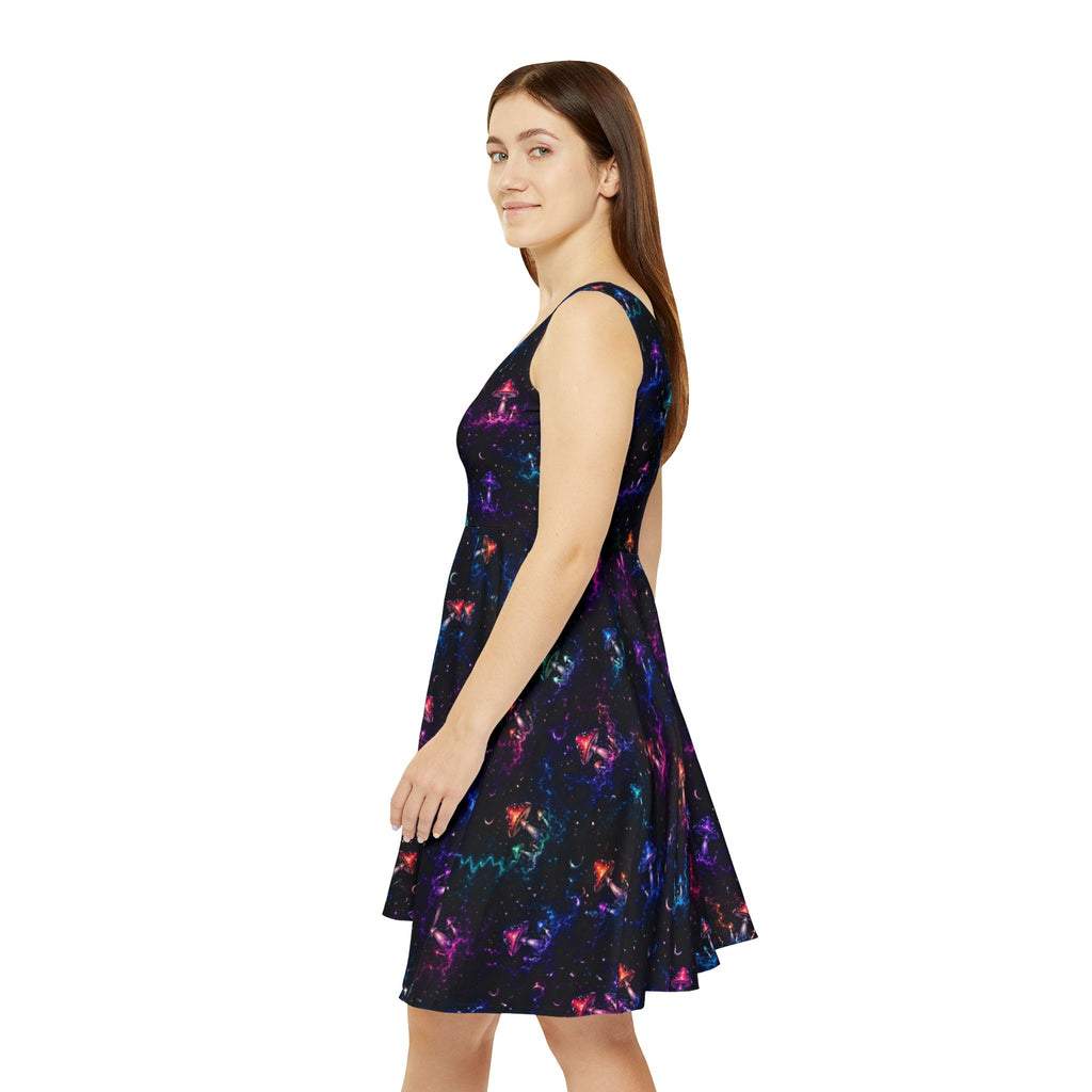 Neon Galaxy Mushroom Pattern Skater Dress | Space Nebula Stars All-Over Print