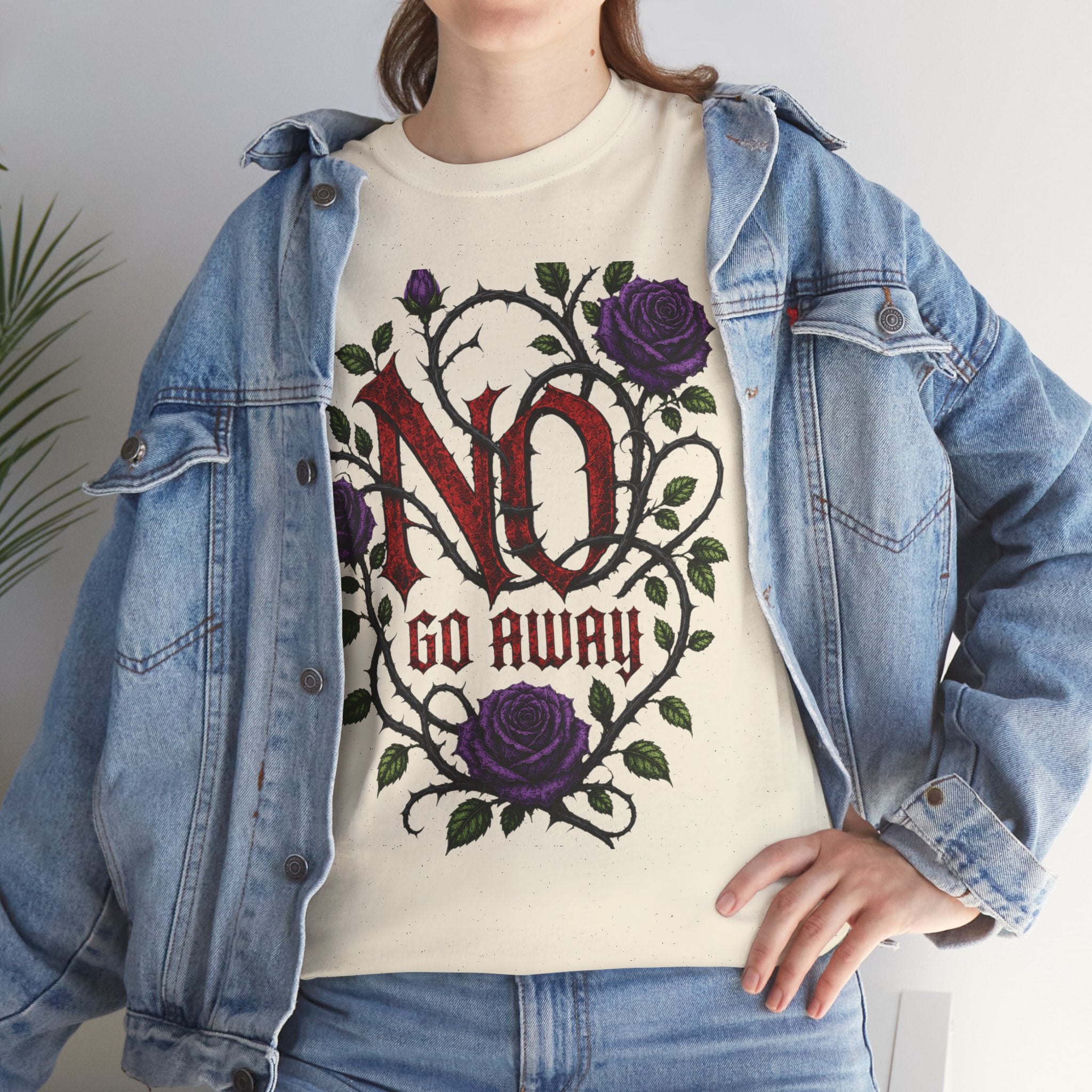 No Go Away T-Shirt | Gothic Purple Roses, Dark Floral Typography