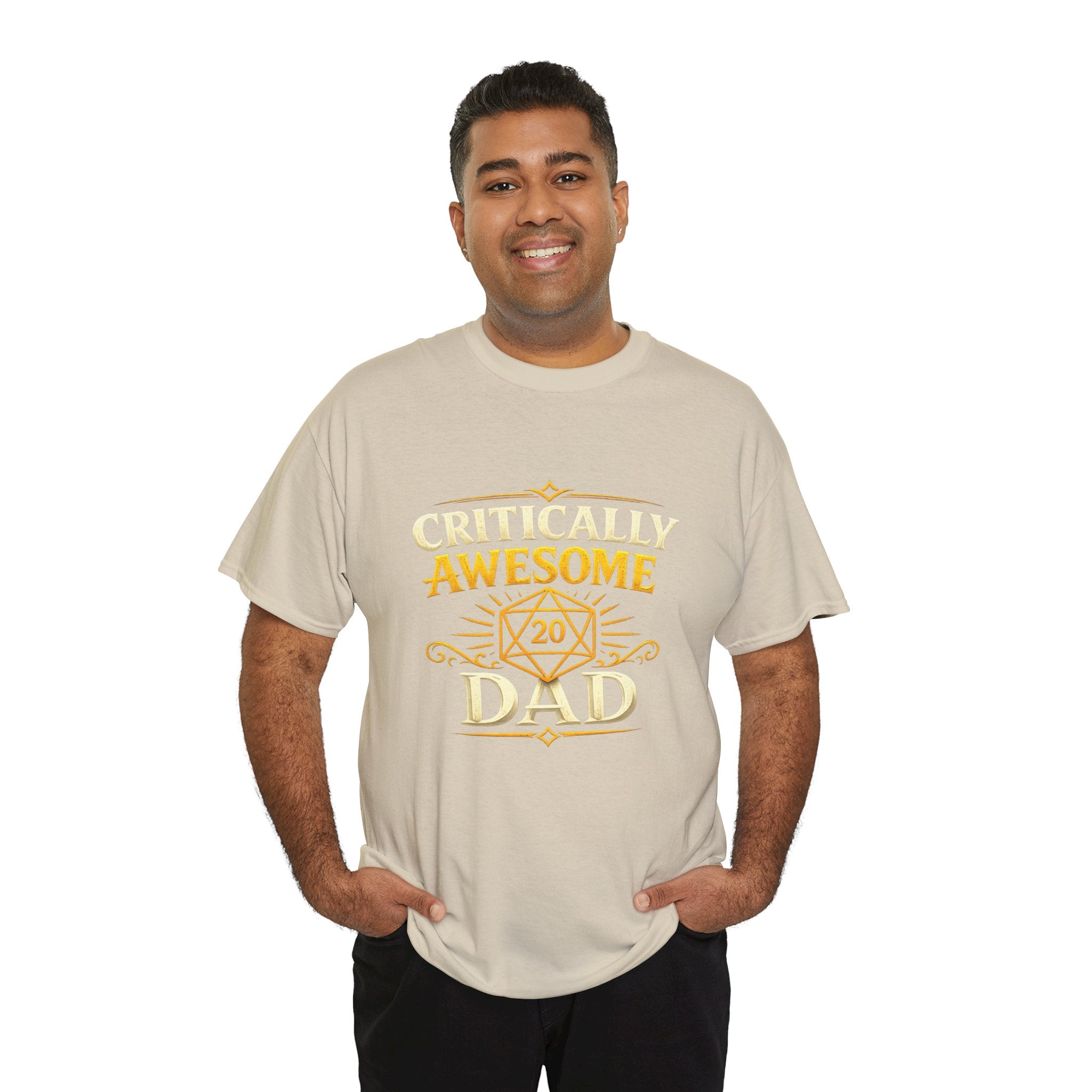Critically Awesome Dad T‑Shirt – Gold D20 Gaming Father Tee (Father’s Day, Gamer Dad Gift)