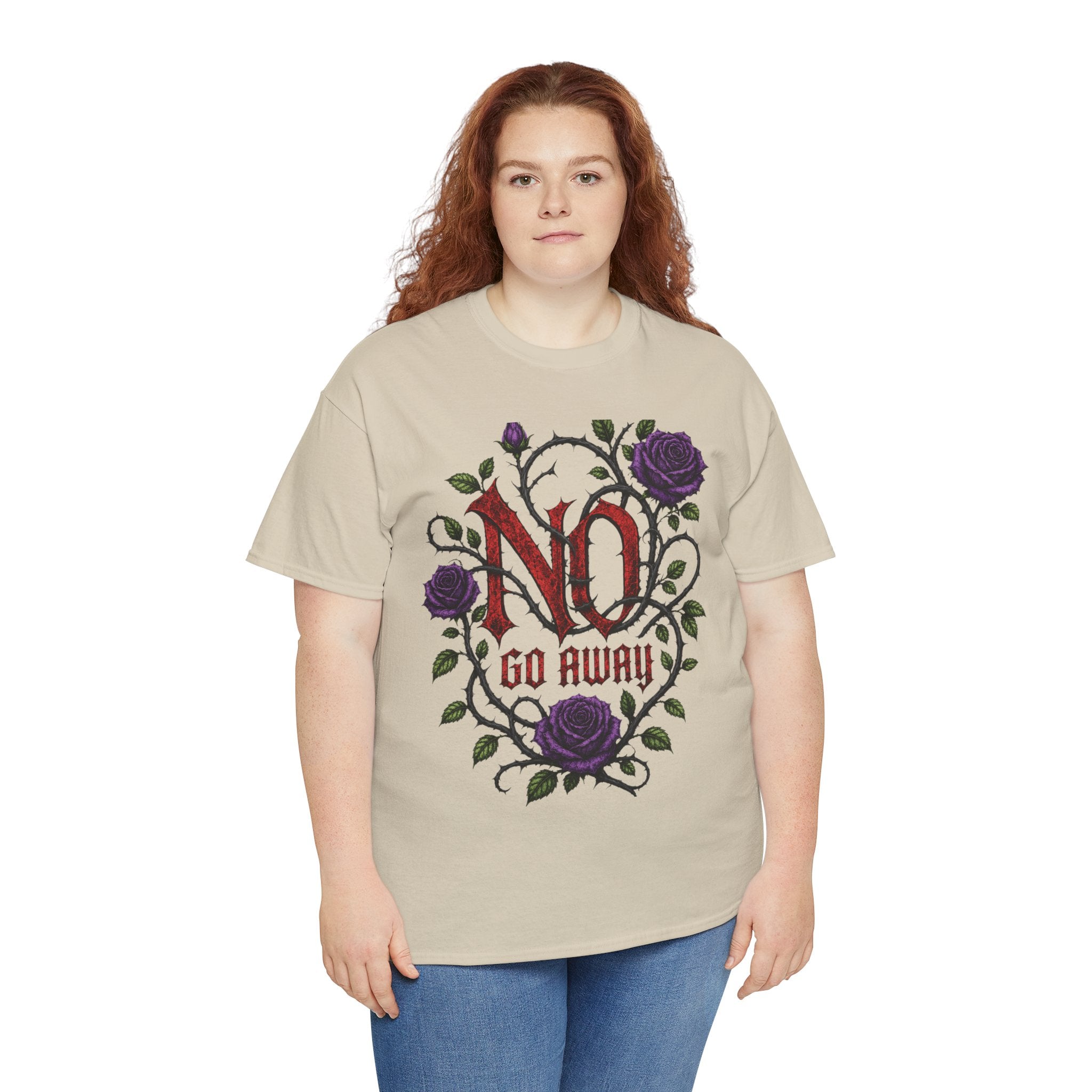 No Go Away T-Shirt | Gothic Purple Roses, Dark Floral Typography