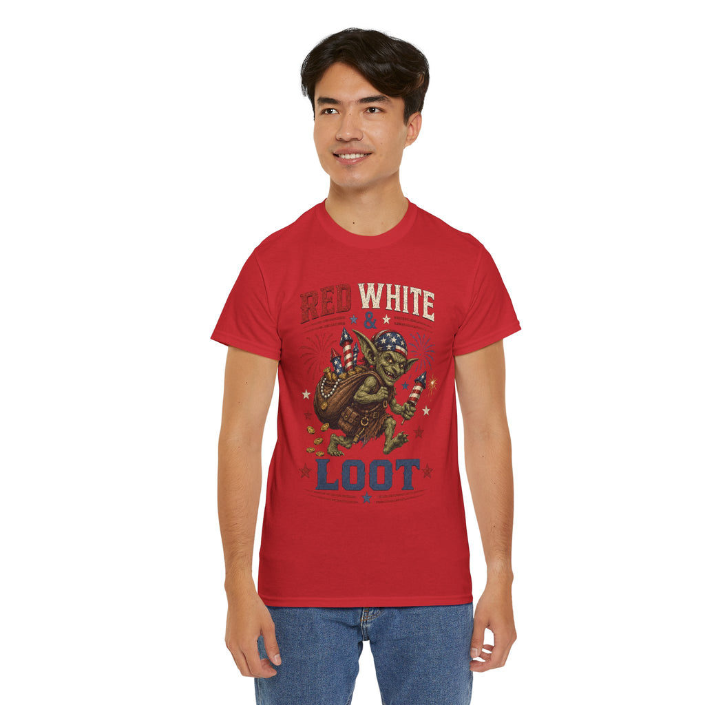 Red White & Loot Goblin Illustration Tee | Patriotic Fourth of July Shirt