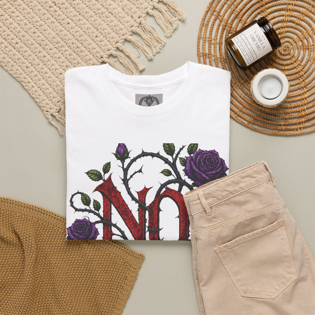 No Go Away T-Shirt | Gothic Purple Roses, Dark Floral Typography