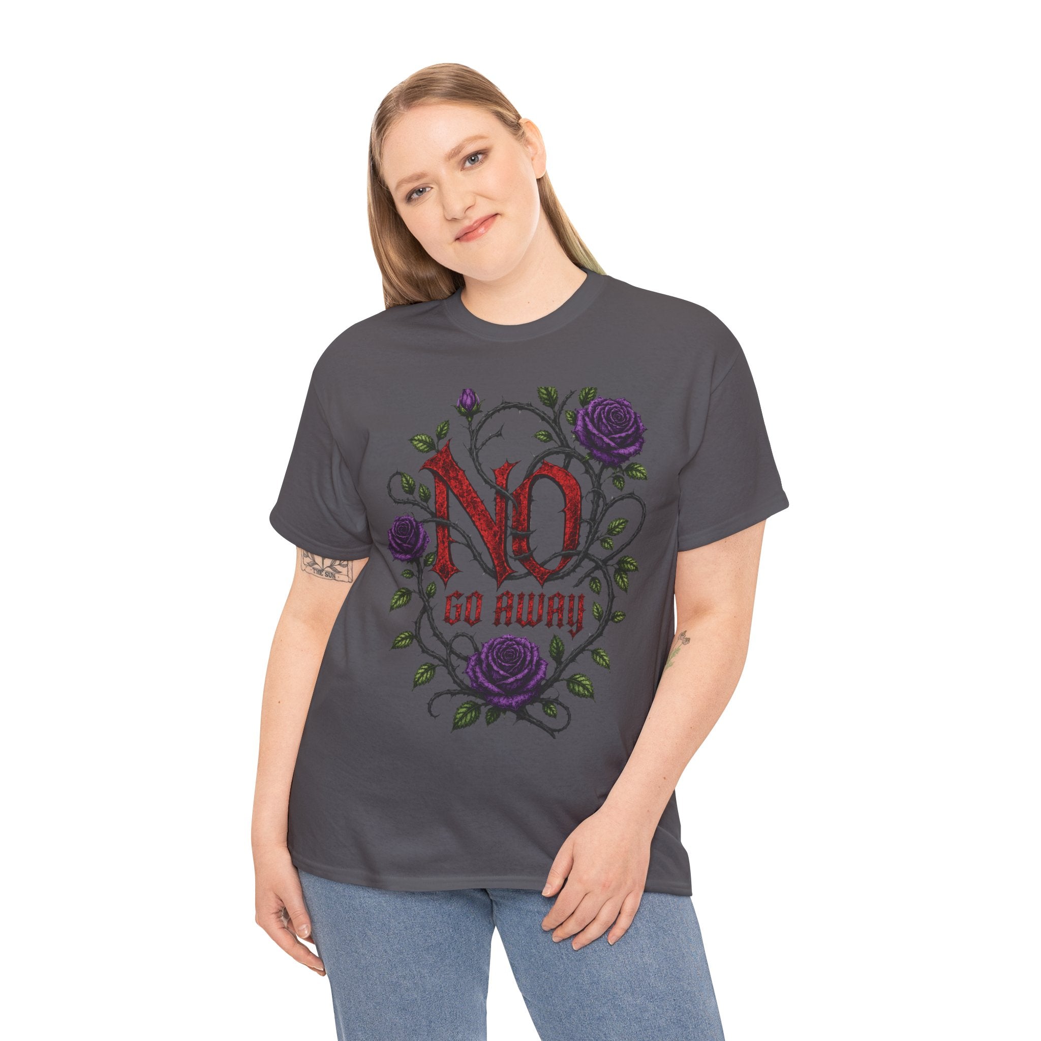 No Go Away T-Shirt | Gothic Purple Roses, Dark Floral Typography