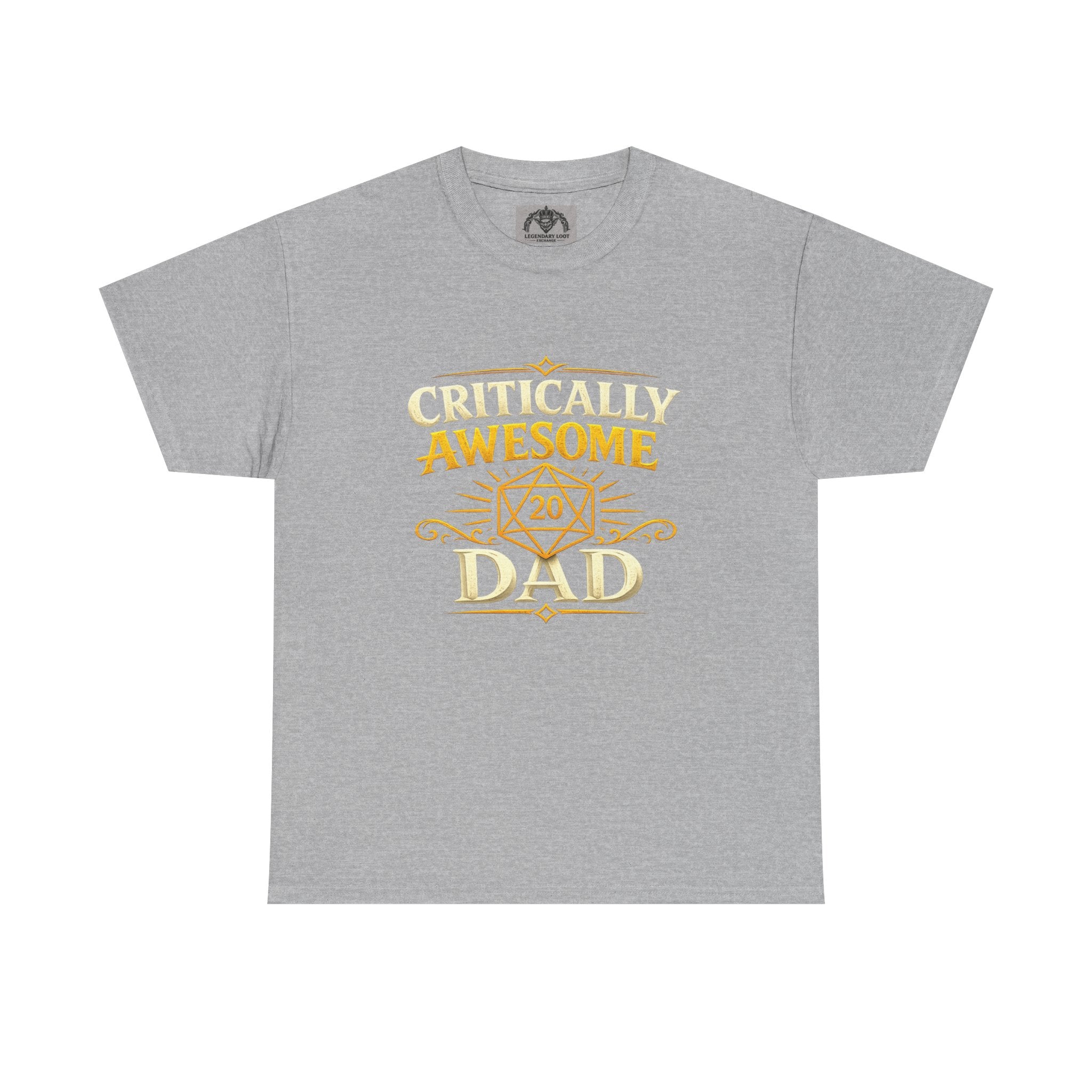 Critically Awesome Dad T‑Shirt – Gold D20 Gaming Father Tee (Father’s Day, Gamer Dad Gift)