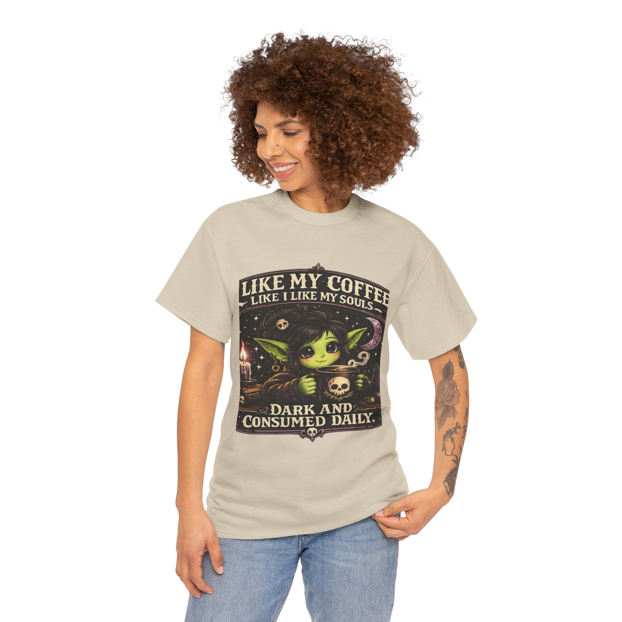 Like My Coffee Tee — "Like My Coffee Like I Like My Souls: Dark and Consumed Daily" Gothic Graphic T-Shirt