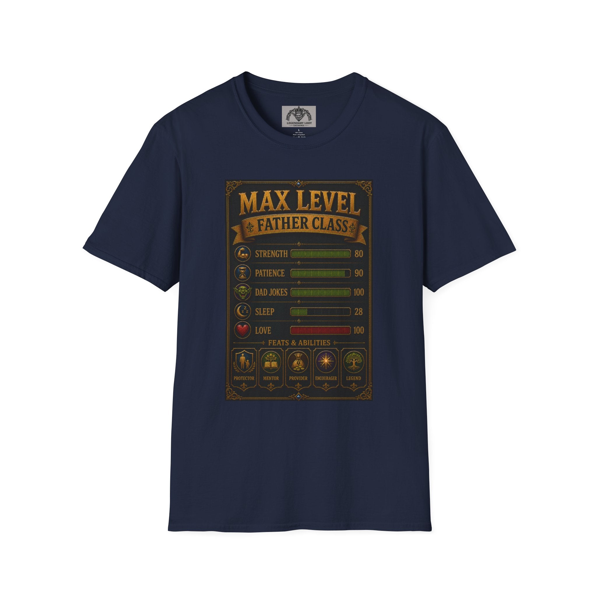 T-Shirt — "Max Level Father Class" Funny Gamer Dad Shirt (Strength, Patience, Dad Jokes)