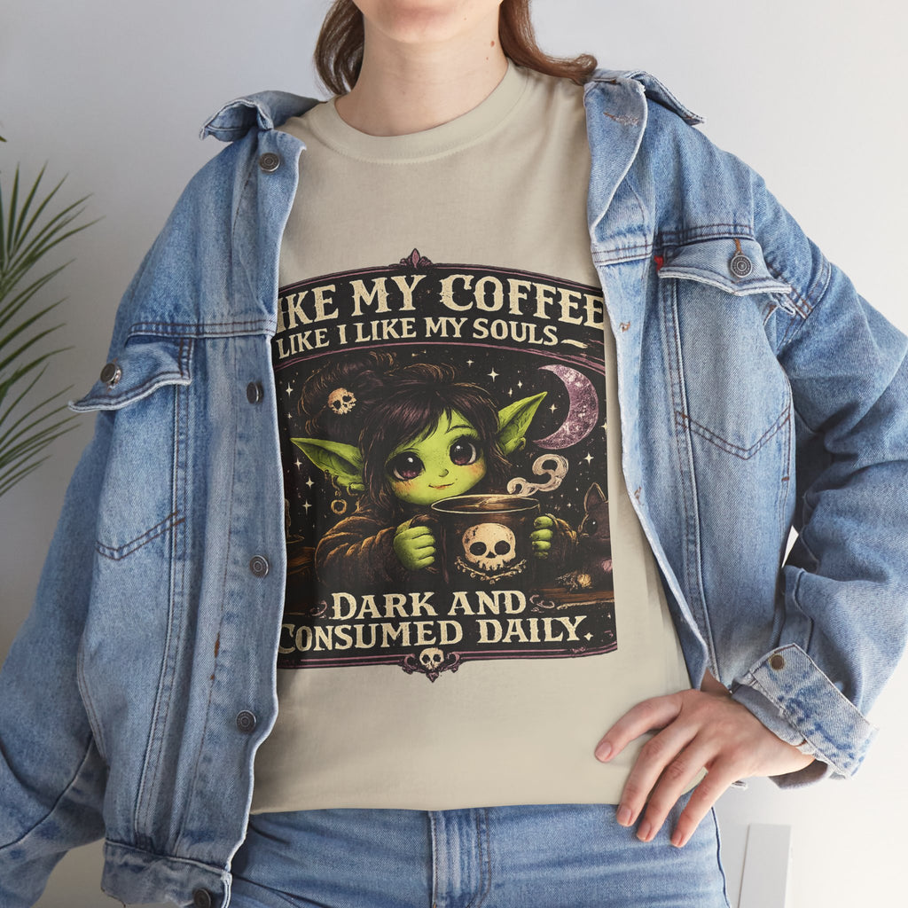 Like My Coffee Tee — "Like My Coffee Like I Like My Souls: Dark and Consumed Daily" Gothic Graphic T-Shirt