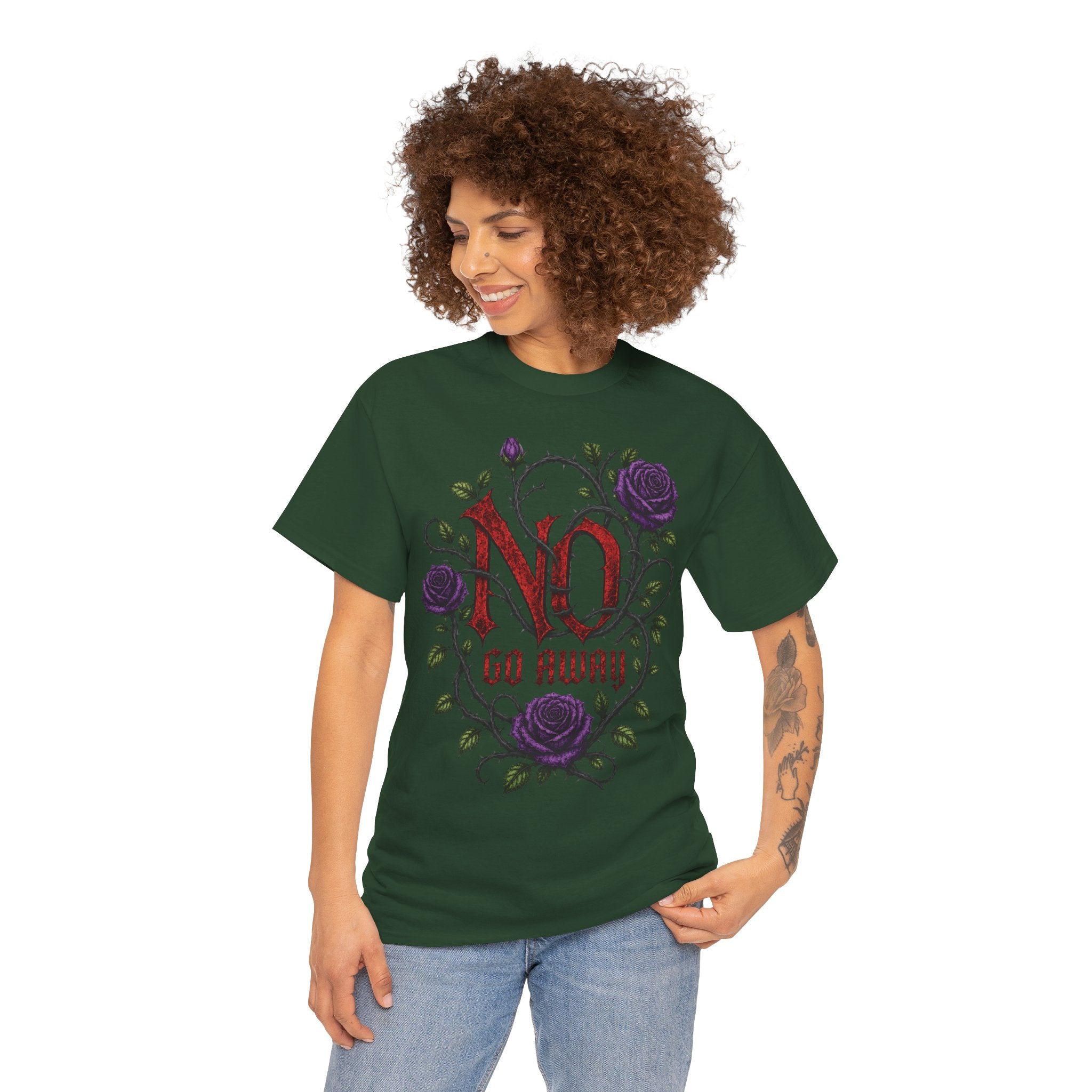 No Go Away T-Shirt | Gothic Purple Roses, Dark Floral Typography
