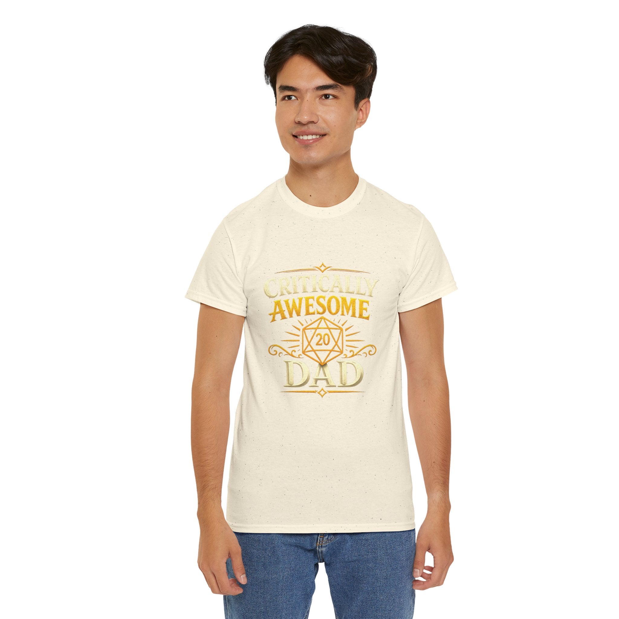 Critically Awesome Dad T‑Shirt – Gold D20 Gaming Father Tee (Father’s Day, Gamer Dad Gift)