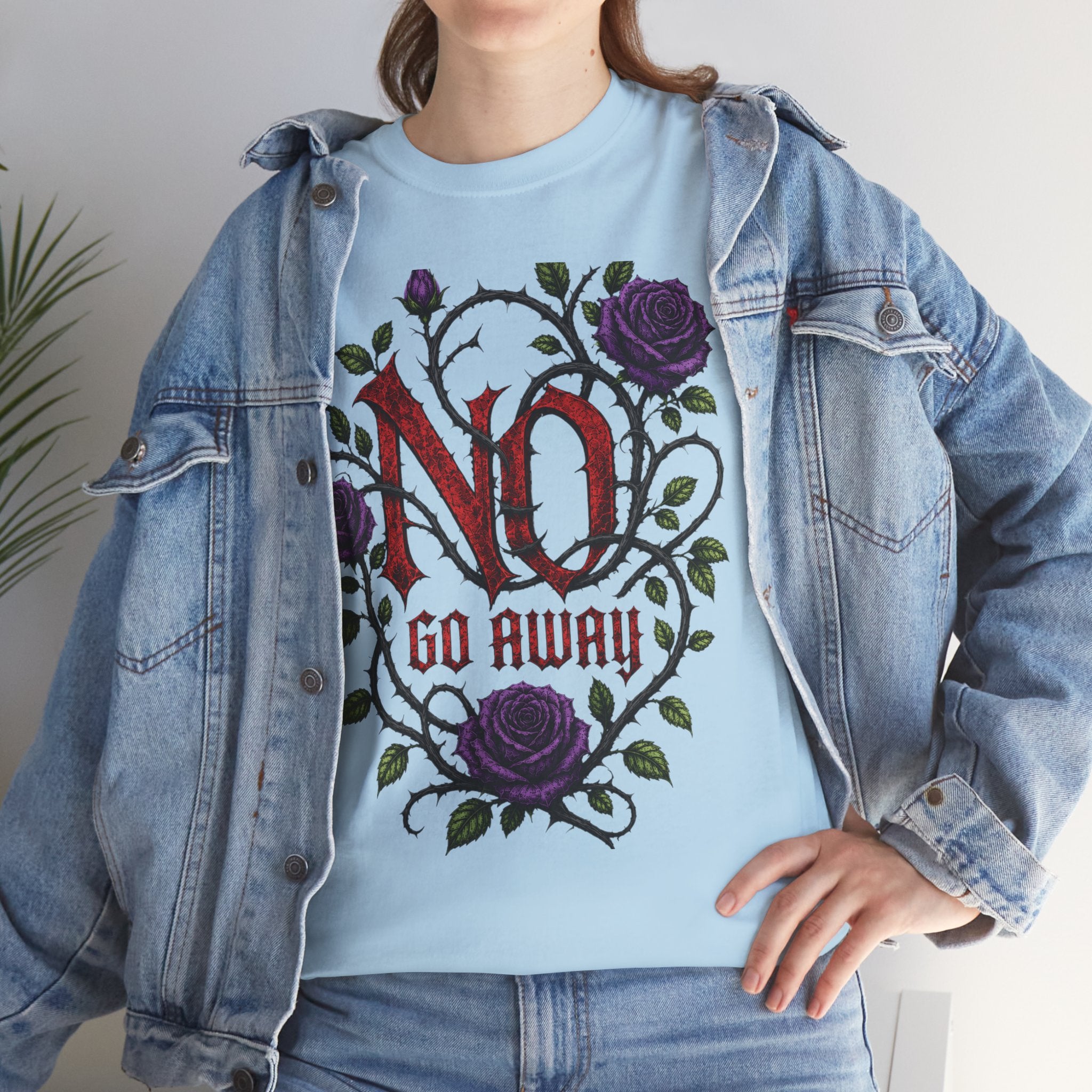 No Go Away T-Shirt | Gothic Purple Roses, Dark Floral Typography