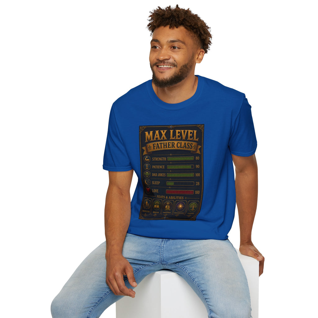 T-Shirt — "Max Level Father Class" Funny Gamer Dad Shirt (Strength, Patience, Dad Jokes)