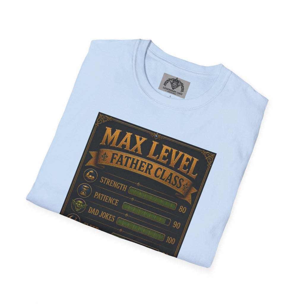 T-Shirt — "Max Level Father Class" Funny Gamer Dad Shirt (Strength, Patience, Dad Jokes)