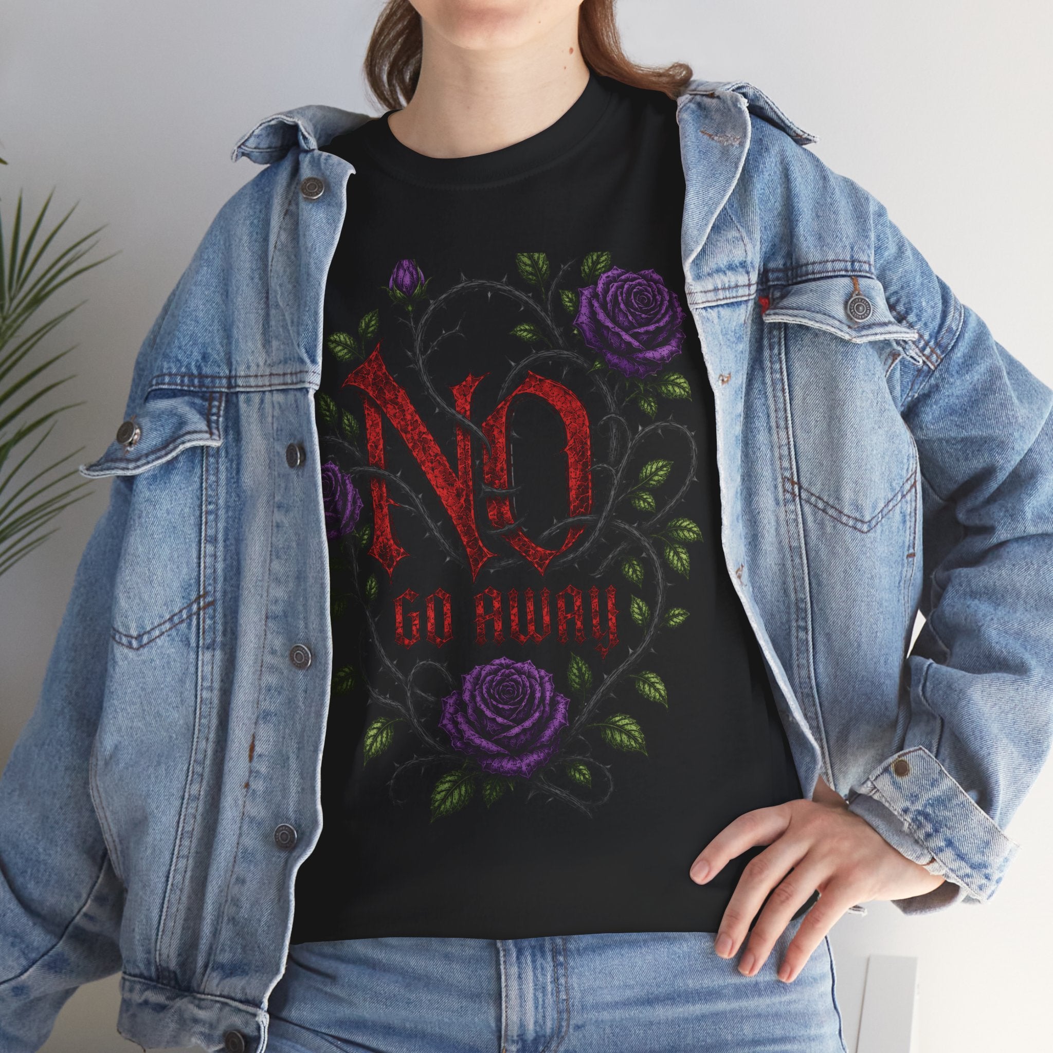No Go Away T-Shirt | Gothic Purple Roses, Dark Floral Typography