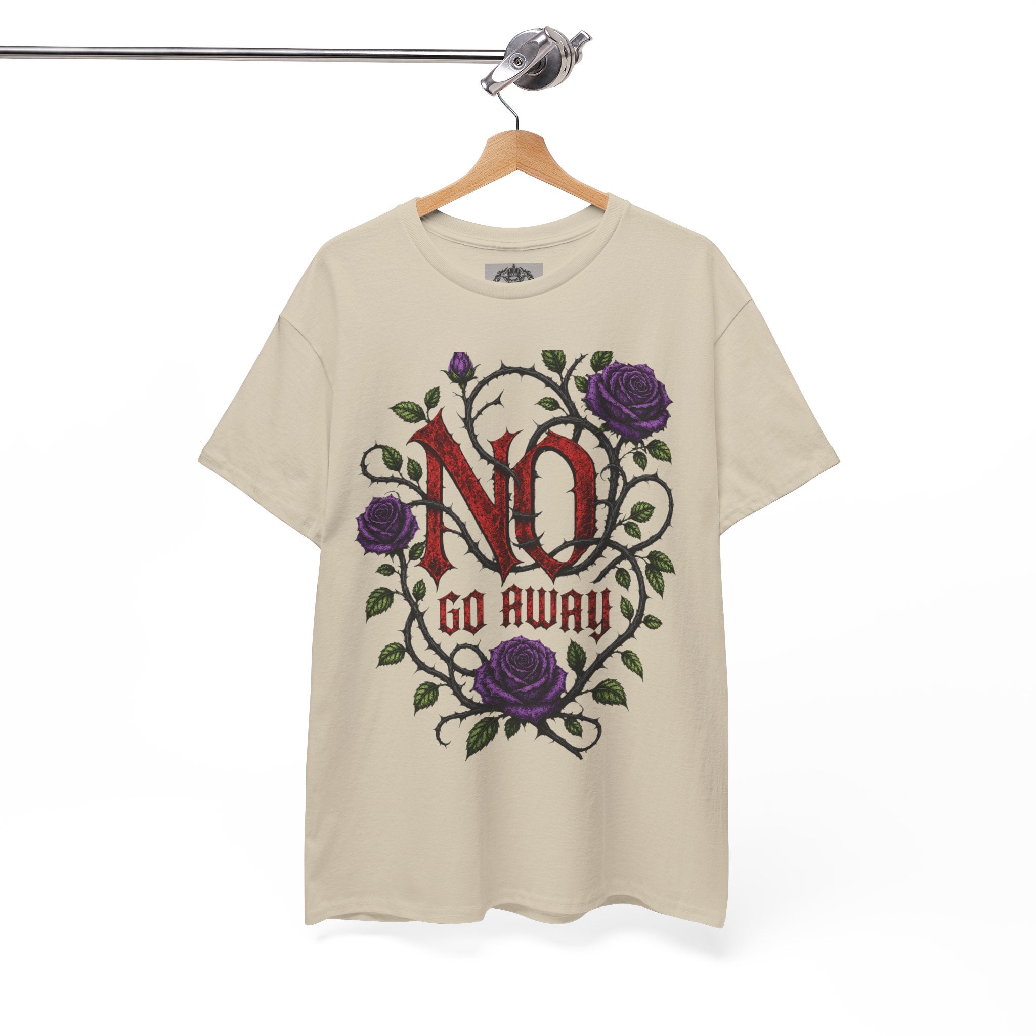 No Go Away T-Shirt | Gothic Purple Roses, Dark Floral Typography