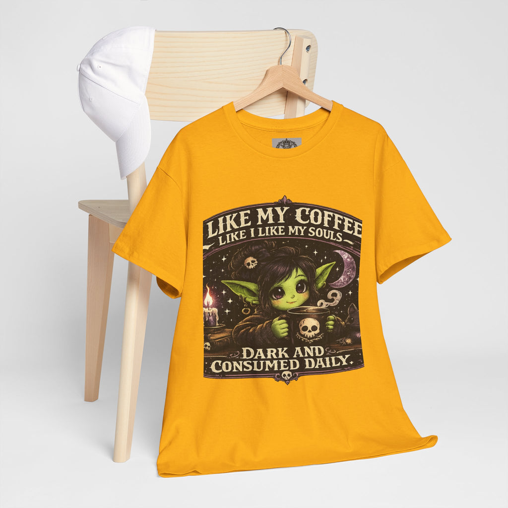 Like My Coffee Tee — "Like My Coffee Like I Like My Souls: Dark and Consumed Daily" Gothic Graphic T-Shirt