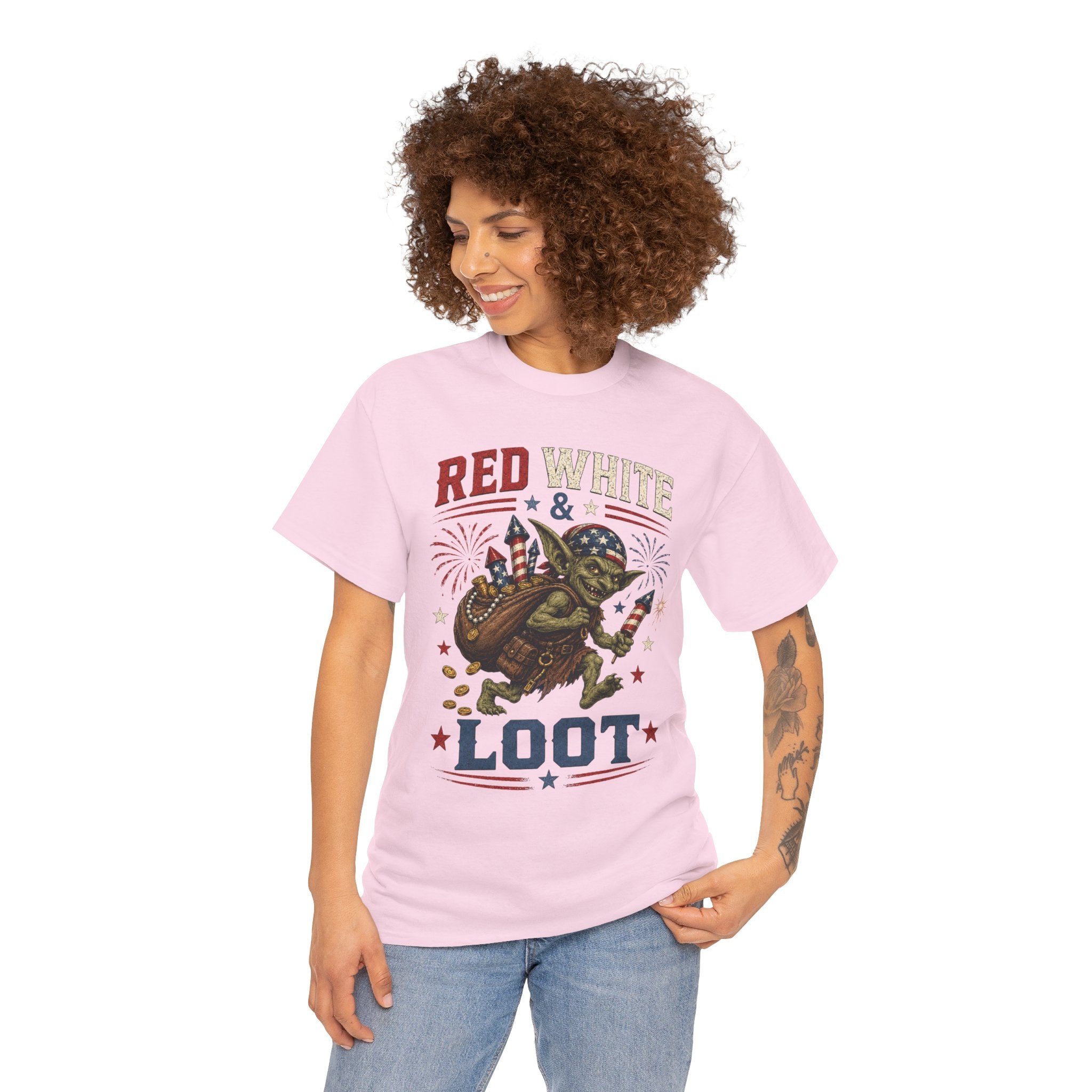 Red White & Loot Goblin Illustration Tee | Patriotic Fourth of July Shirt
