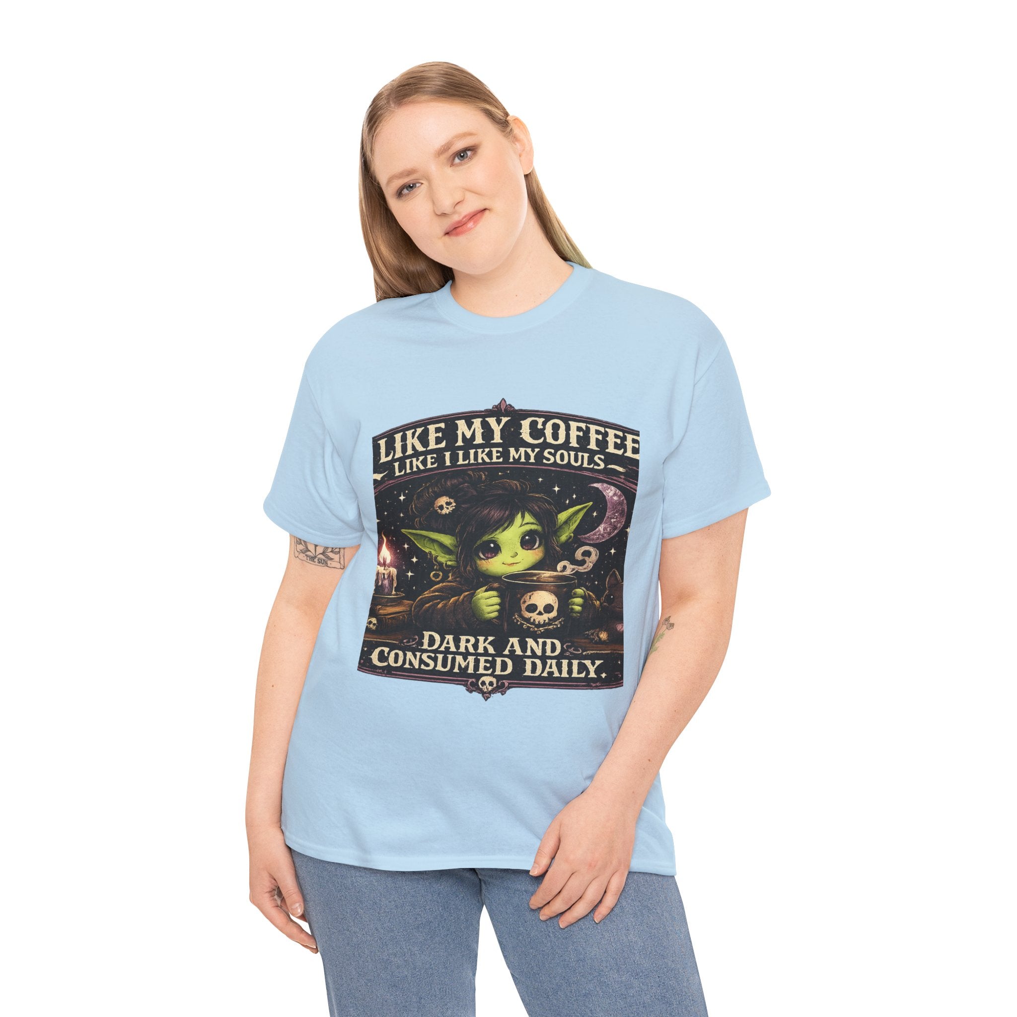 Like My Coffee Tee — "Like My Coffee Like I Like My Souls: Dark and Consumed Daily" Gothic Graphic T-Shirt