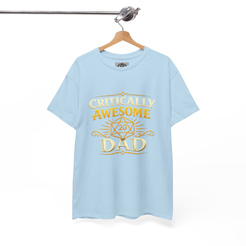 Critically Awesome Dad T‑Shirt – Gold D20 Gaming Father Tee (Father’s Day, Gamer Dad Gift)