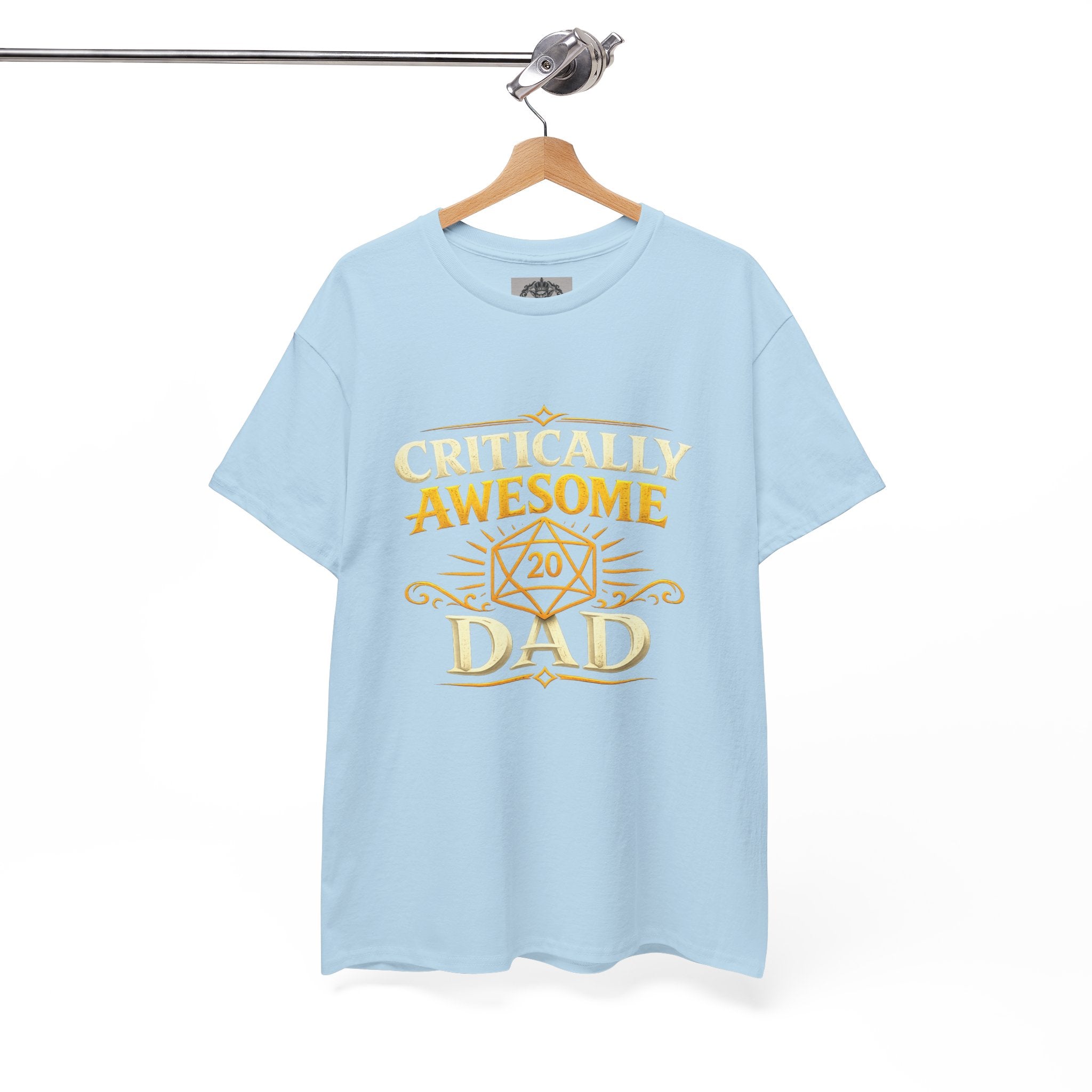 Critically Awesome Dad T‑Shirt – Gold D20 Gaming Father Tee (Father’s Day, Gamer Dad Gift)
