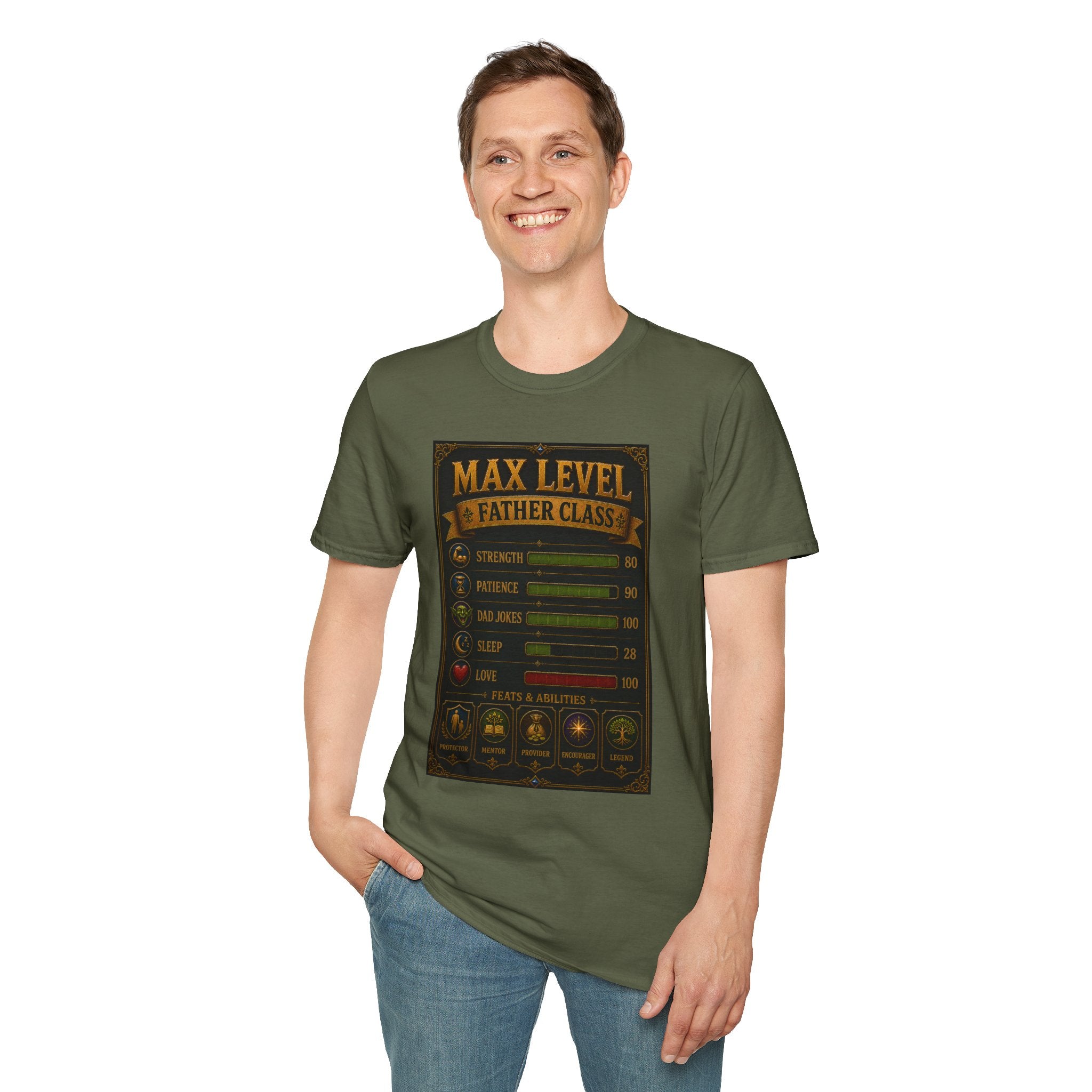 T-Shirt — "Max Level Father Class" Funny Gamer Dad Shirt (Strength, Patience, Dad Jokes)